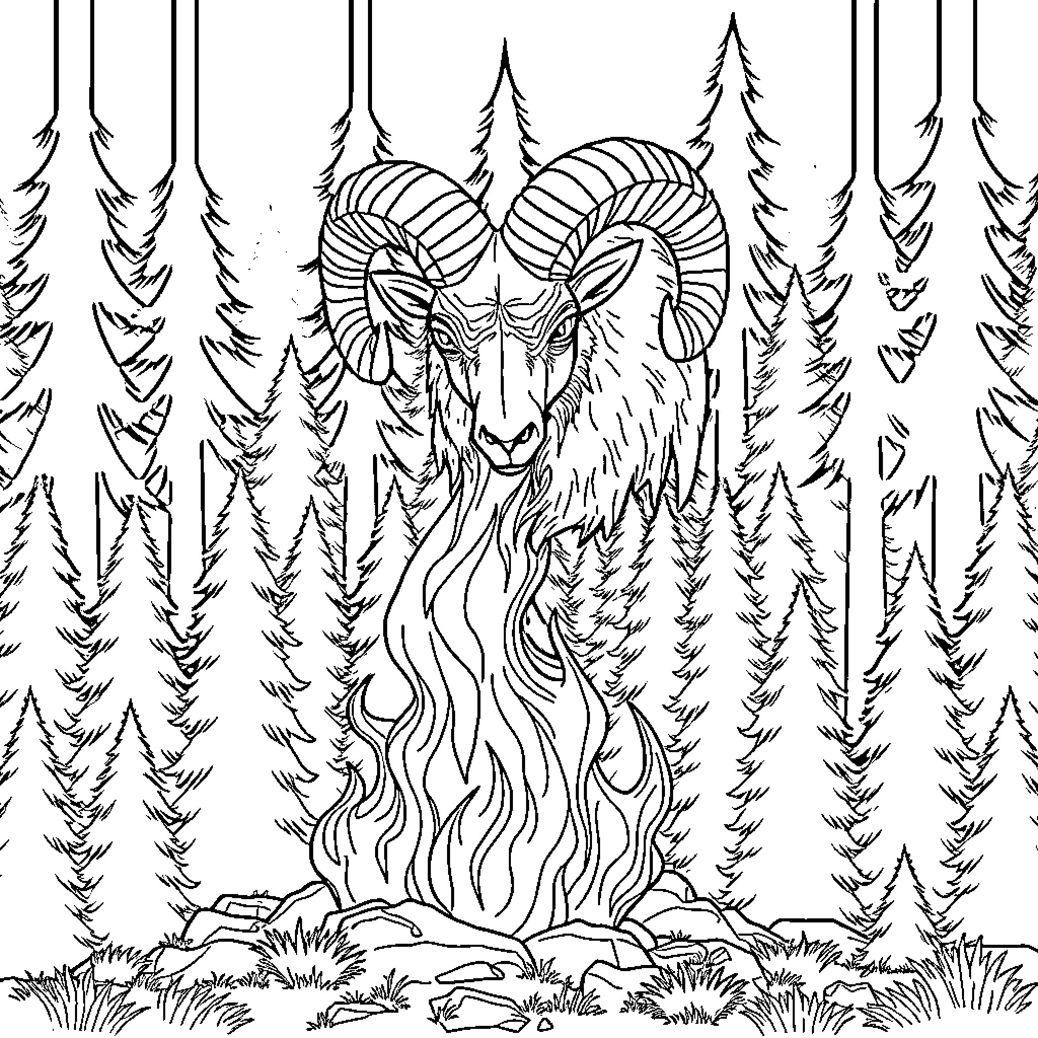 Ram wandering in the mystical forest Coloring Page (free black-and-white line drawing printable PDF for all, from beginners to advanced learners, including children, teens, adults, and seniors)