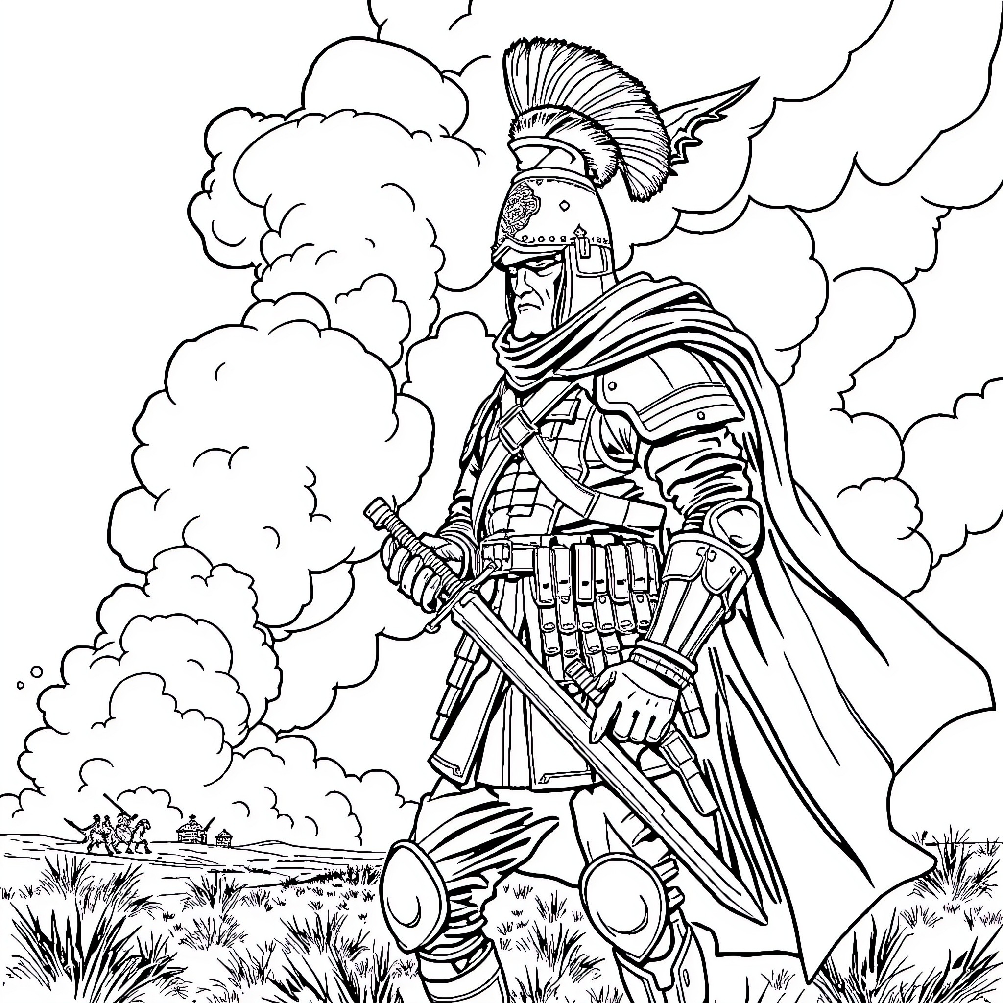 Soldier standing resolute in the battlefield Coloring Page (free black-and-white line drawing printable PDF for all, from beginners to advanced learners, including children, teens, adults, and seniors)