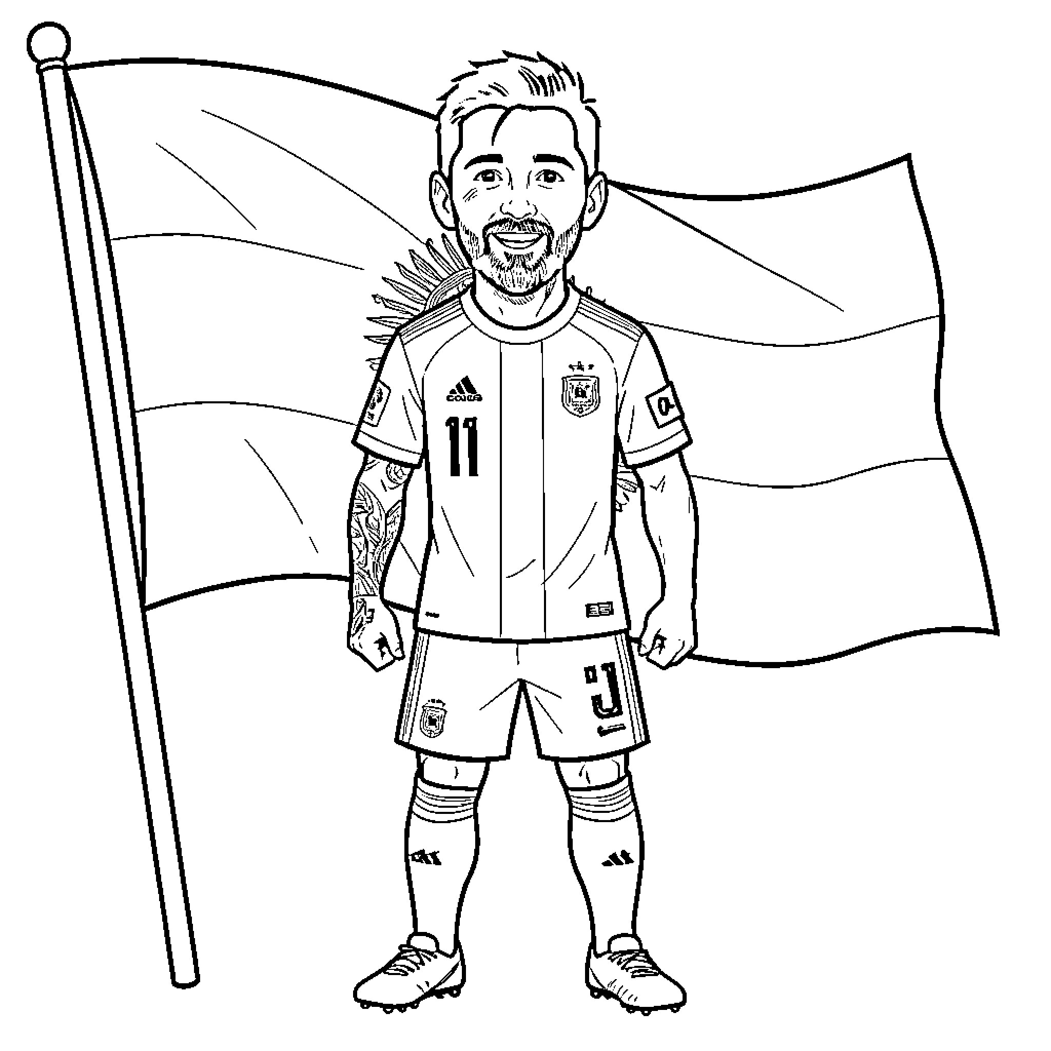 Lionel Messi standing in front of a large flag Coloring Page (free black-and-white line drawing printable PDF for all, from beginners to advanced learners, including children, teens, adults, and seniors)