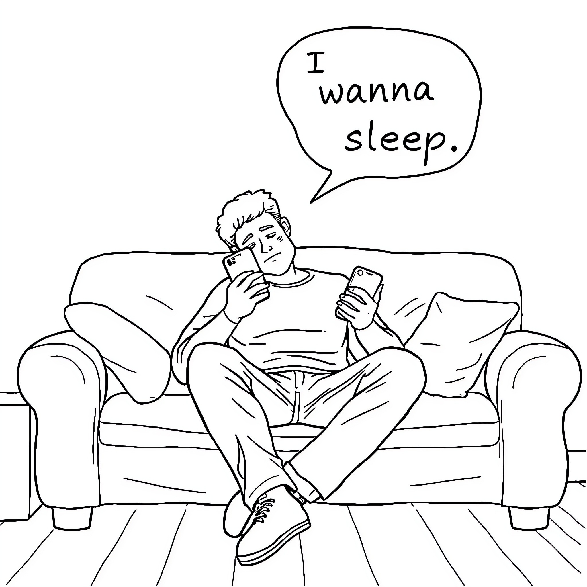 Guy sleepily uses his phone on the couch Coloring Page (free black-and-white line drawing printable PDF for all, from beginners to advanced learners, including children, teens, adults, and seniors)