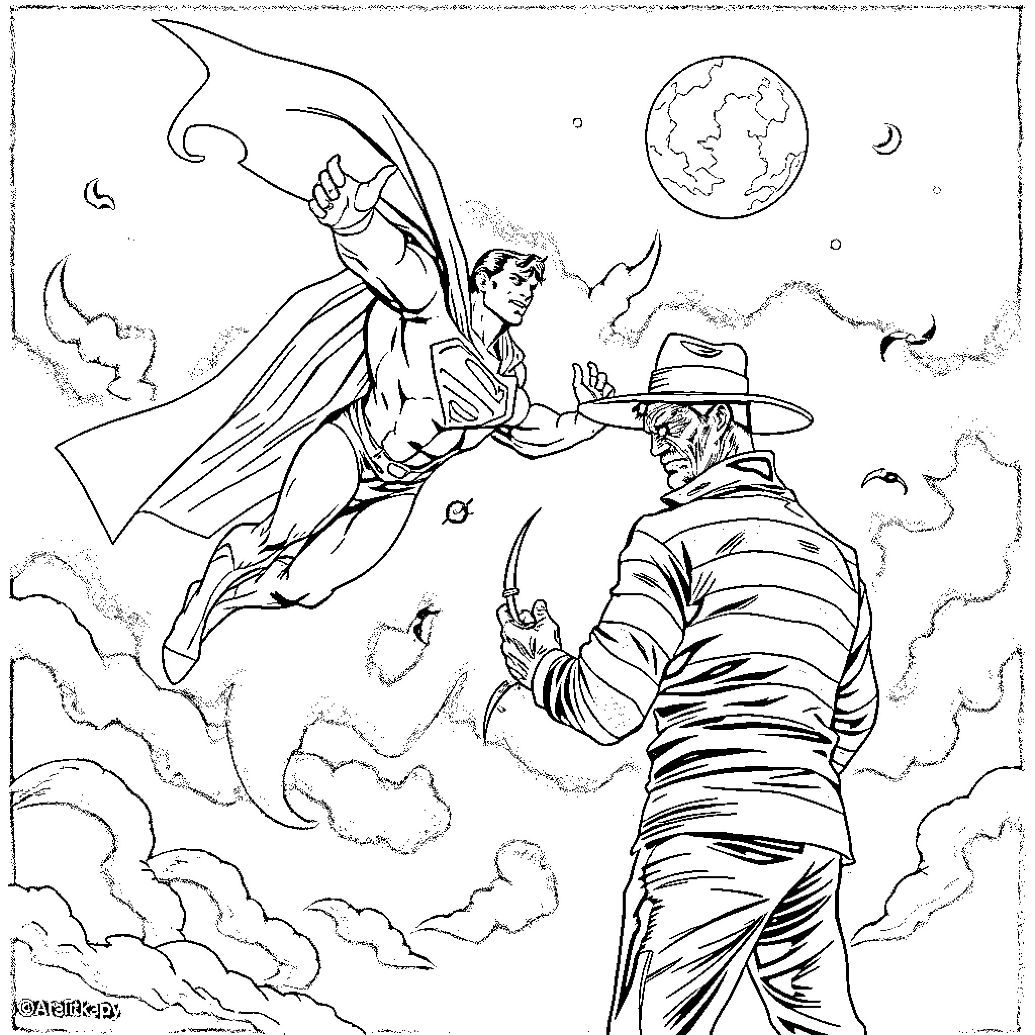 Superman battles mysterious villain in the night sky Coloring Page (free black-and-white line drawing printable PDF for all, from beginners to advanced learners, including children, teens, adults, and seniors)