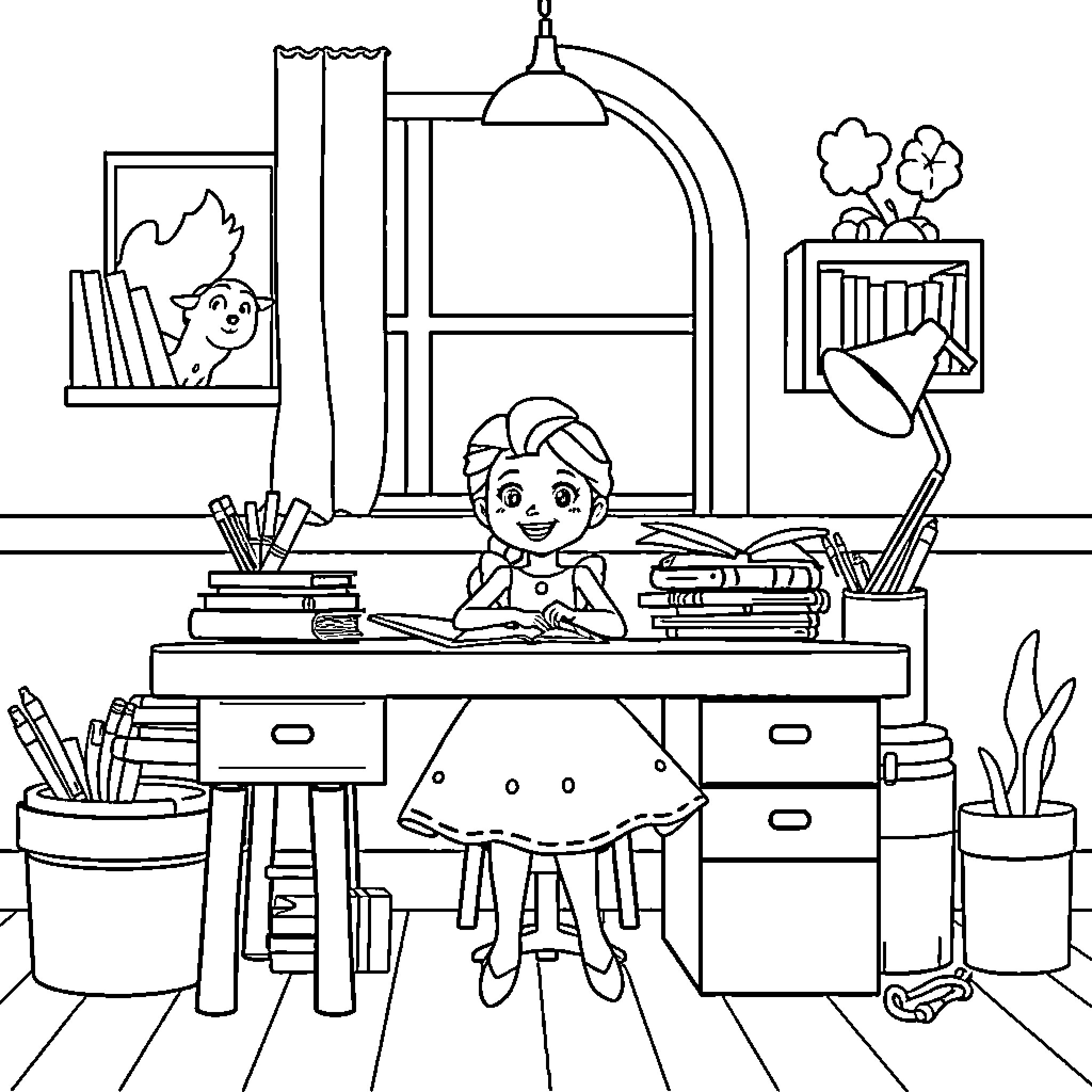 Elsa's Cozy Homework Nook Coloring Page (free black-and-white line drawing printable PDF for all, from beginners to advanced learners, including children, teens, adults, and seniors)
