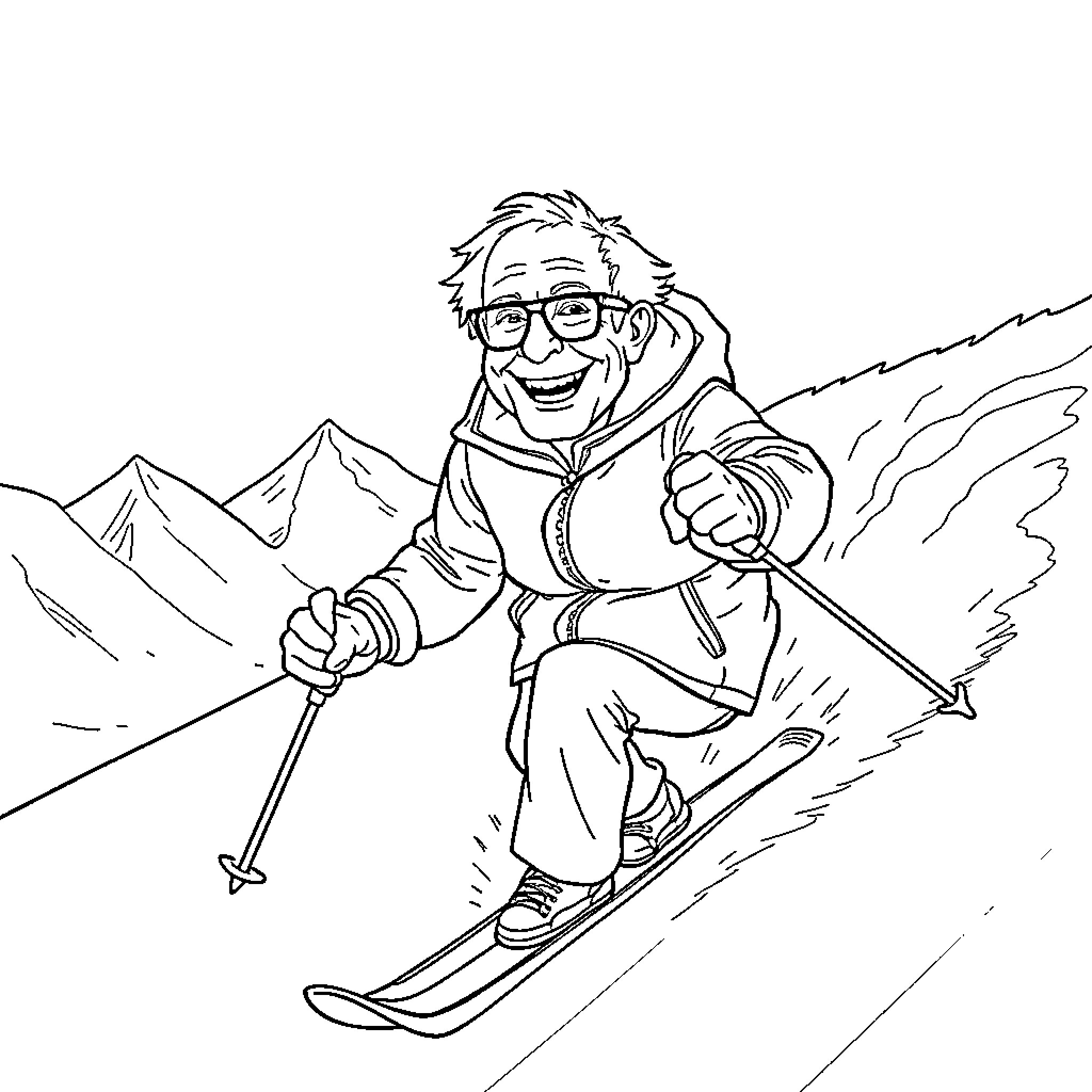 Bernie Sanders skiing down the slopes Coloring Page (free black-and-white line drawing printable PDF for all, from beginners to advanced learners, including children, teens, adults, and seniors)