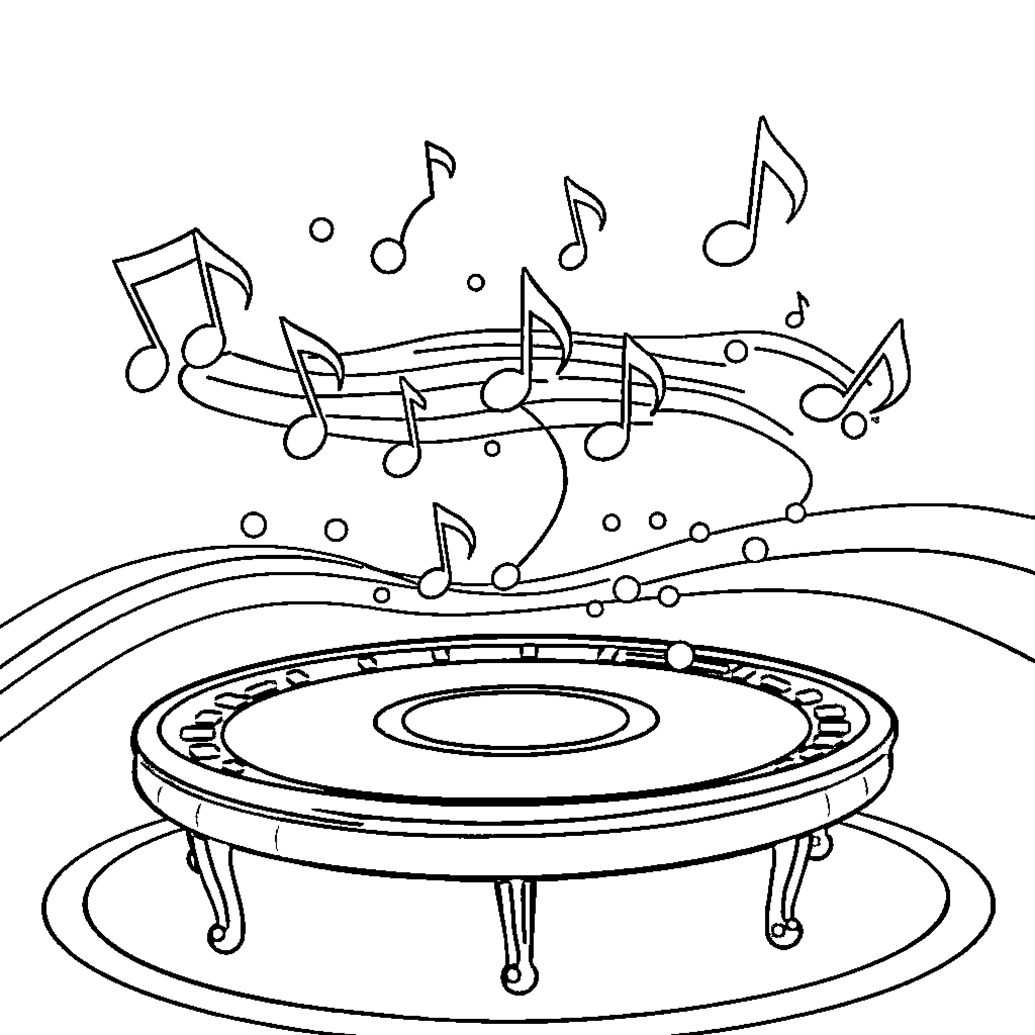 Music Note Dancing Around Trampoline Coloring Page (free black-and-white line drawing printable PDF for all, from beginners to advanced learners, including children, teens, adults, and seniors)