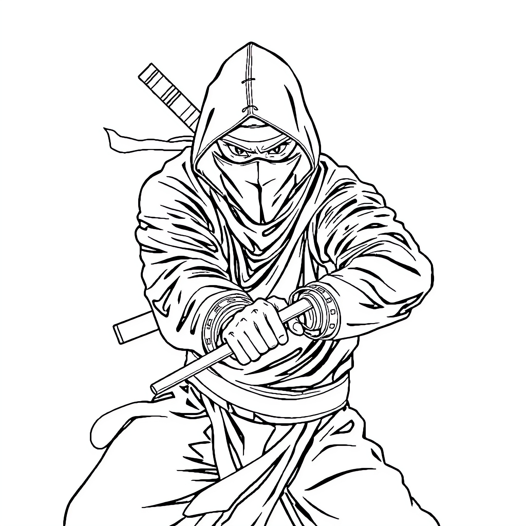 Ninja warrior with sword in fighting stance Coloring Page (free black-and-white line drawing printable PDF for all, from beginners to advanced learners, including children, teens, adults, and seniors)