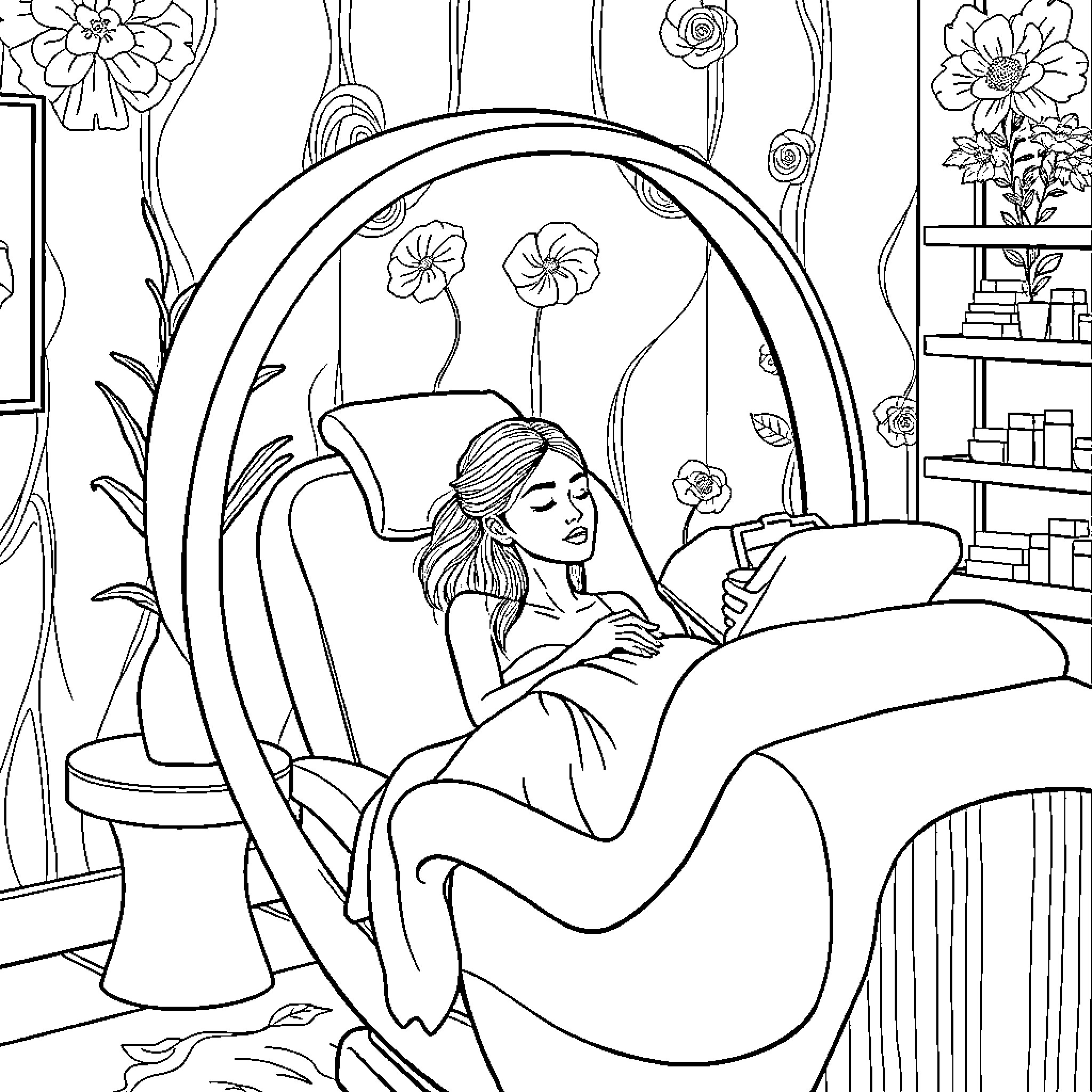 Woman relaxing in floral-decorated room Coloring Page (free black-and-white line drawing printable PDF for all, from beginners to advanced learners, including children, teens, adults, and seniors)