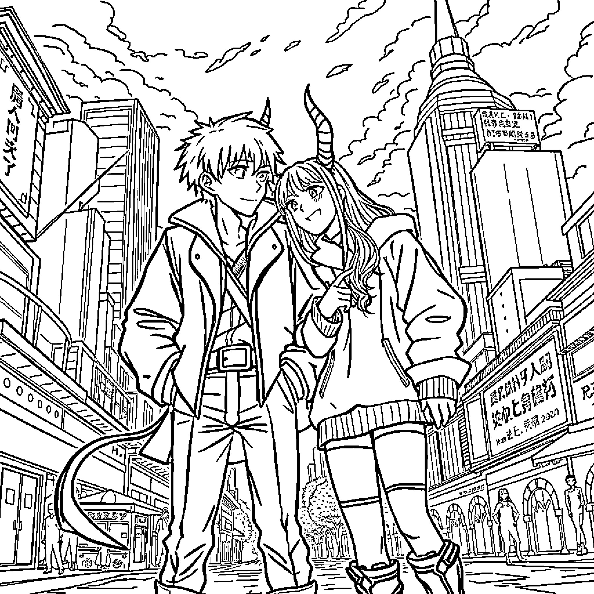 Kpop Demon Hunter Couple Explores Vibrant City Coloring Page (free black-and-white line drawing printable PDF for all, from beginners to advanced learners, including children, teens, adults, and seniors)