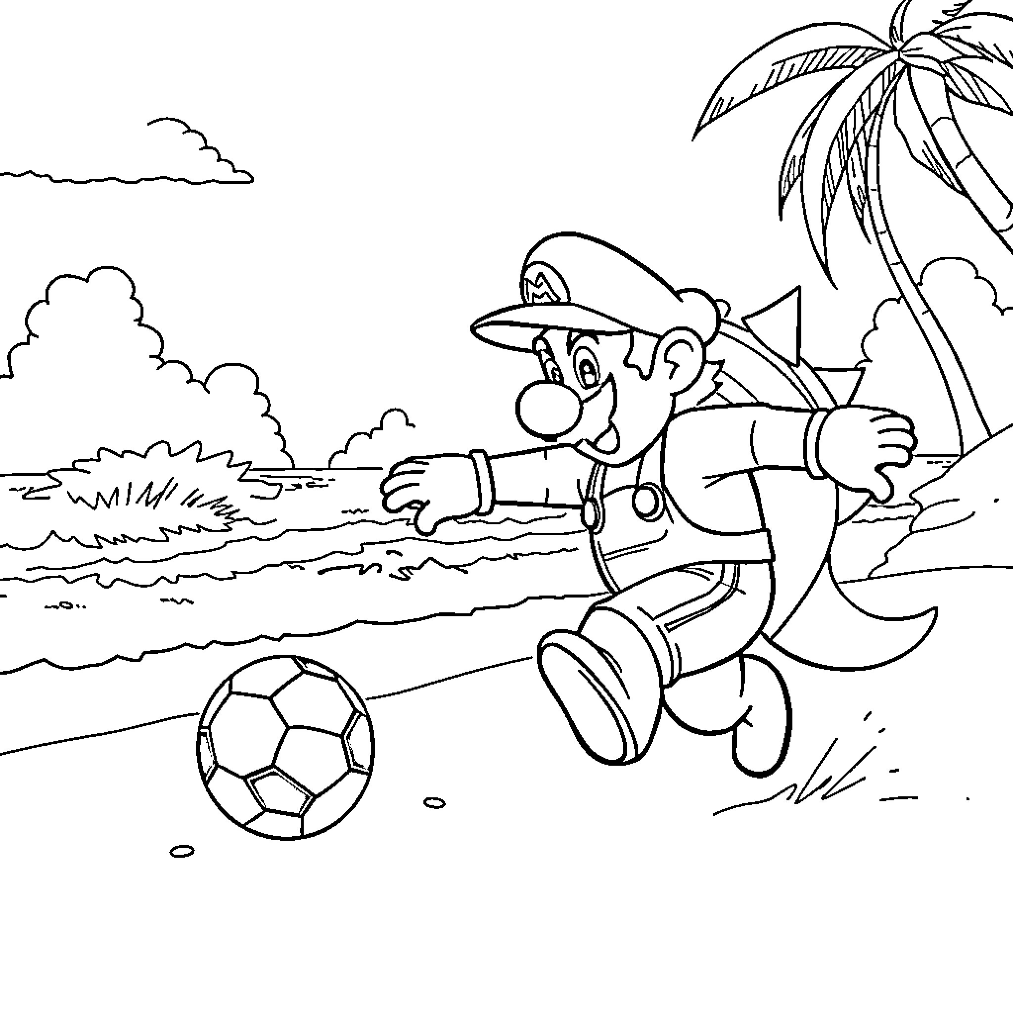 Mario playing soccer on tropical beach Coloring Page (free black-and-white line drawing printable PDF for all, from beginners to advanced learners, including children, teens, adults, and seniors)
