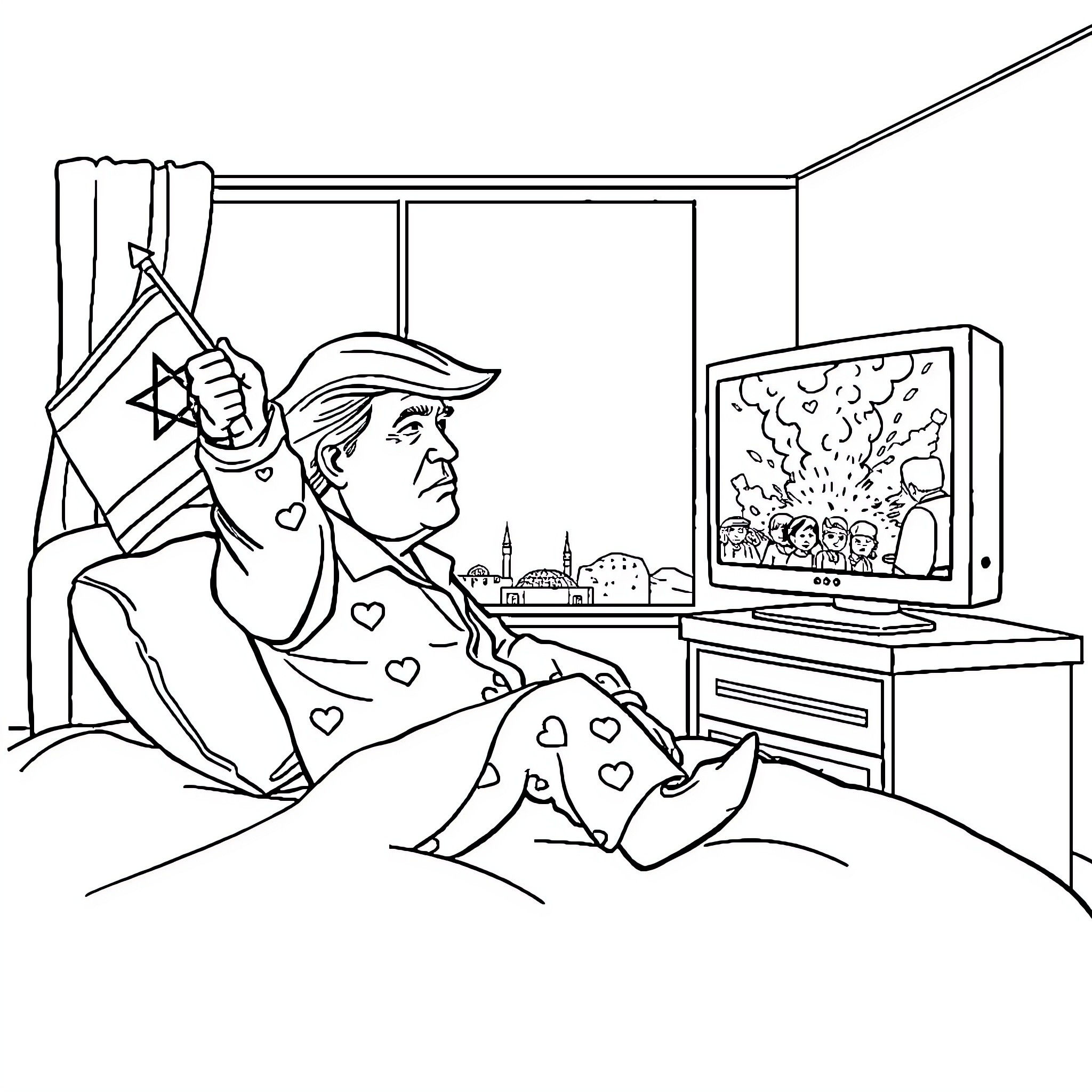 Donald Trump watching television in bed Coloring Page (free black-and-white line drawing printable PDF for all, from beginners to advanced learners, including children, teens, adults, and seniors)
