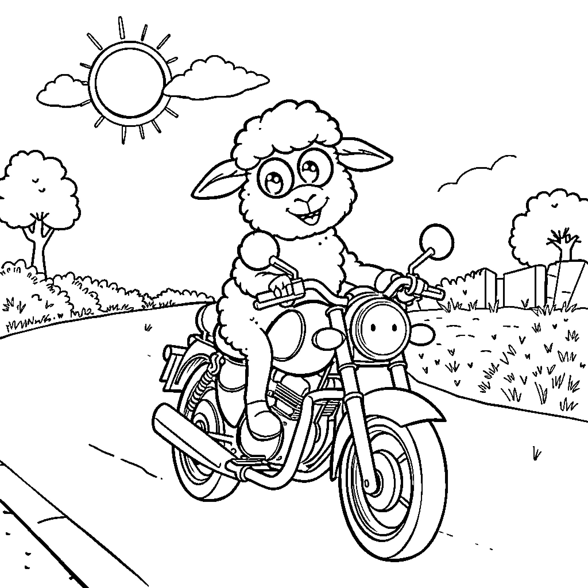 Sheep riding motorcycle on the road Coloring Page (free black-and-white line drawing printable PDF for all, from beginners to advanced learners, including children, teens, adults, and seniors)
