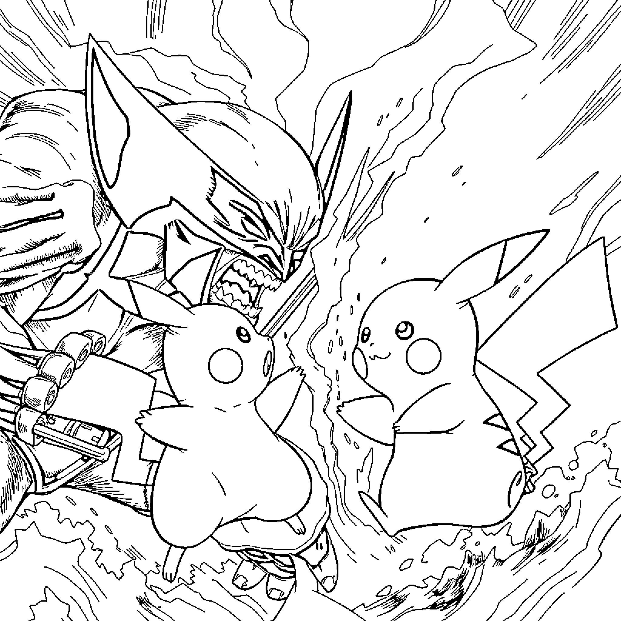 Wolverine battles Pikachu in a chaotic scene Coloring Page (free black-and-white line drawing printable PDF for all, from beginners to advanced learners, including children, teens, adults, and seniors)