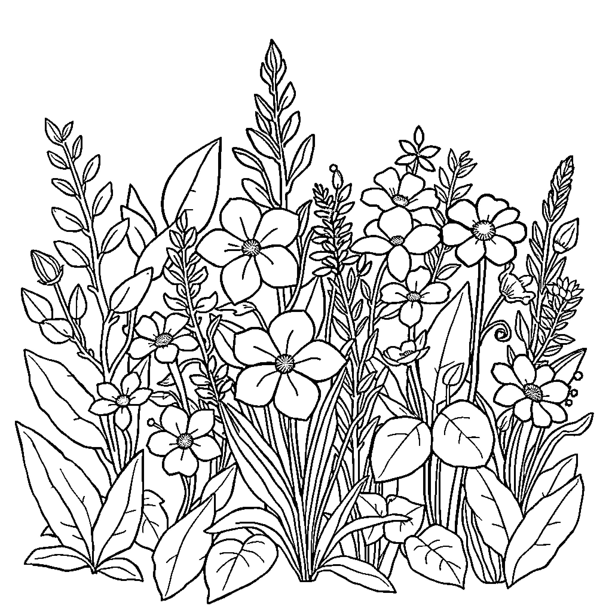 Plant garden with blooming flowers and foliage Coloring Page (free black-and-white line drawing printable PDF for all, from beginners to advanced learners, including children, teens, adults, and seniors)