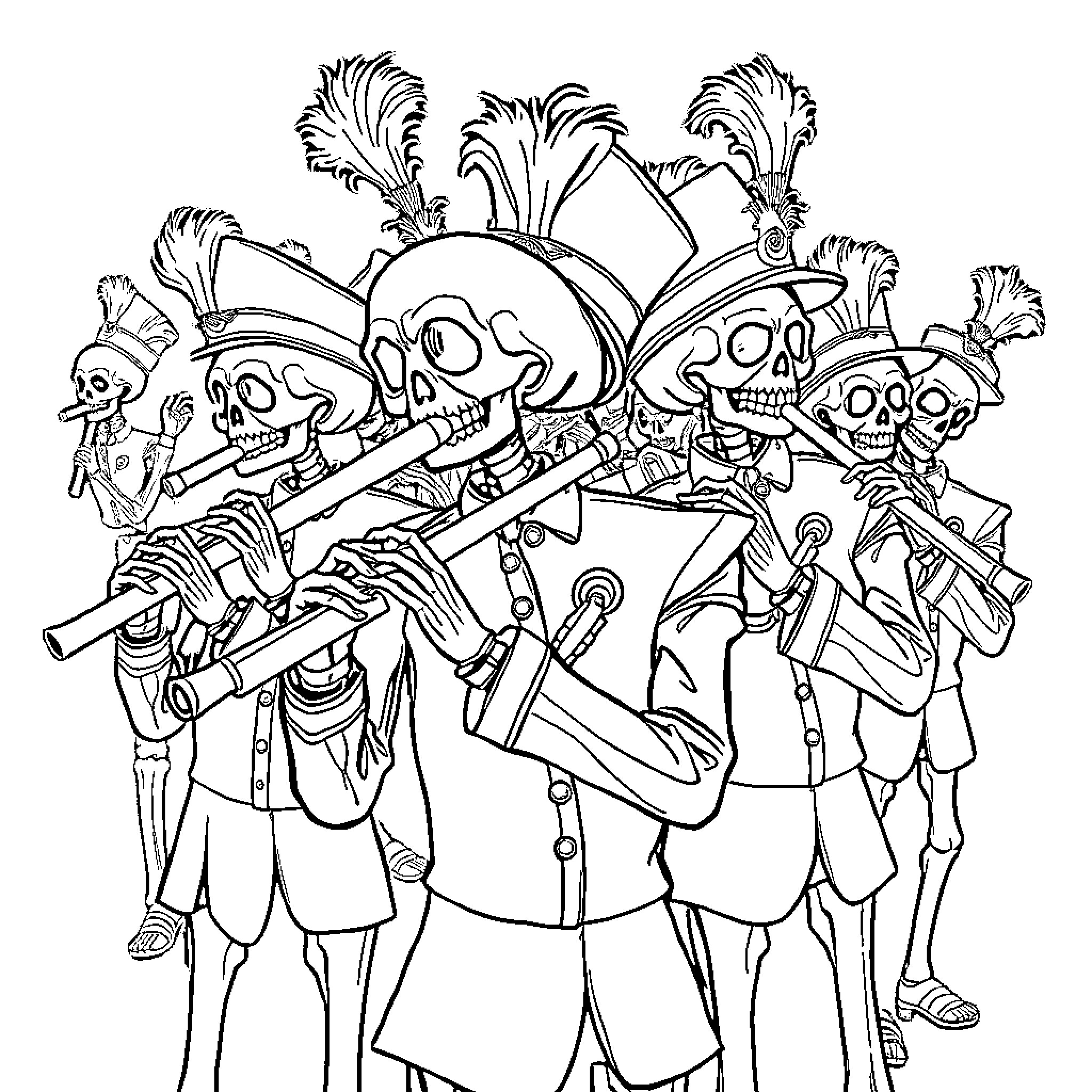 Skeleton musicians performing in a theatrical parade Coloring Page (free black-and-white line drawing printable PDF for all, from beginners to advanced learners, including children, teens, adults, and seniors)