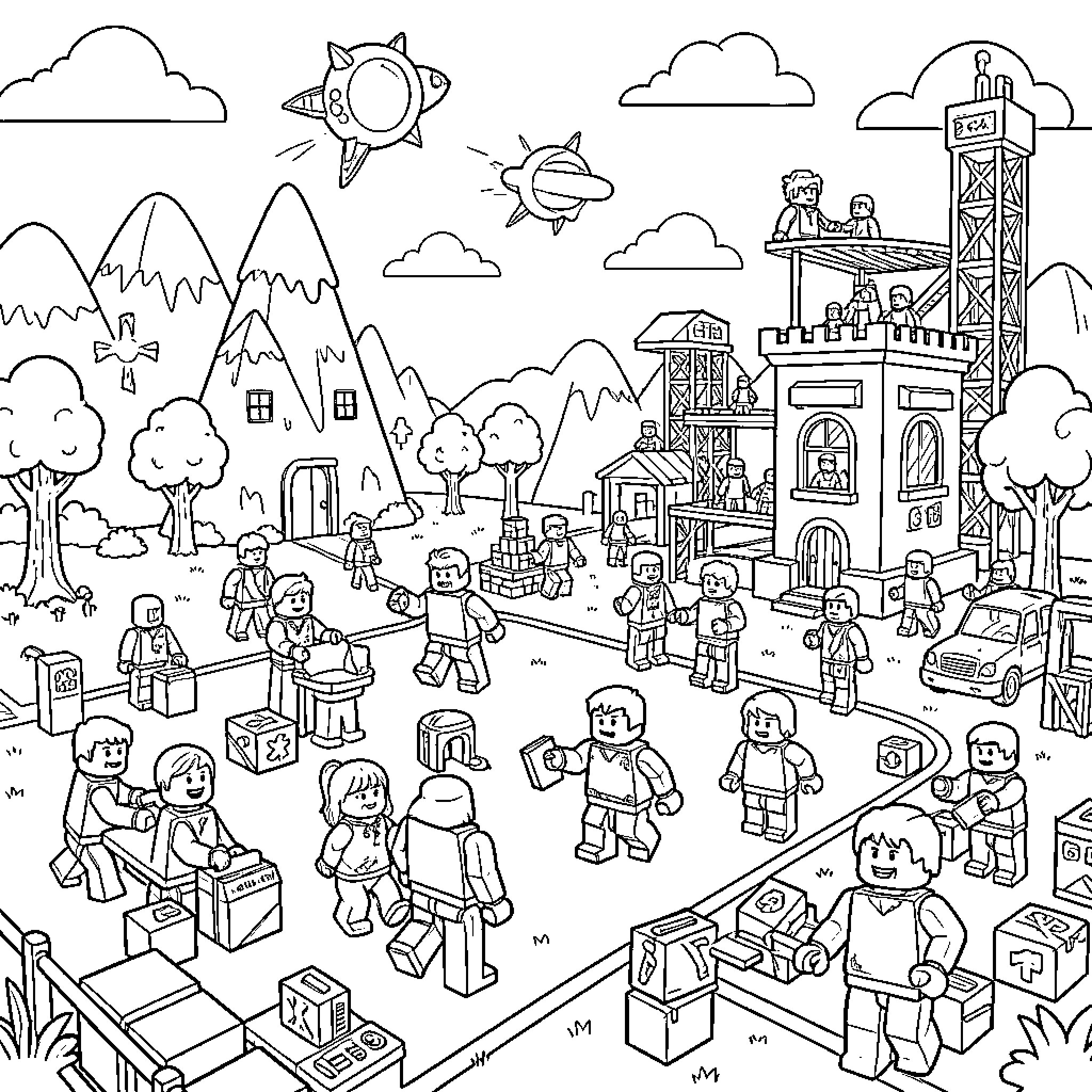 Roblox characters in an animated town landscape Coloring Page (free black-and-white line drawing printable PDF for all, from beginners to advanced learners, including children, teens, adults, and seniors)