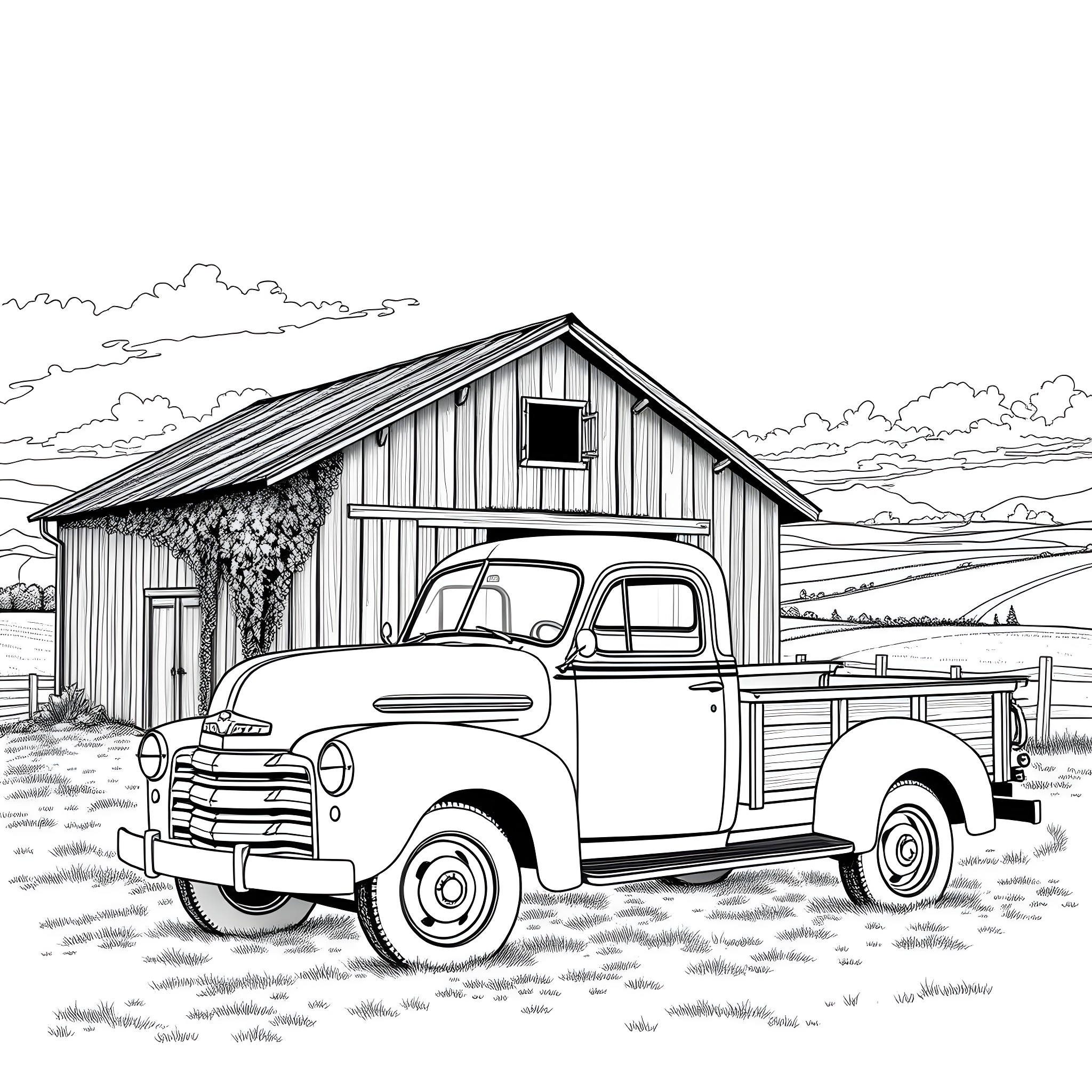 Truck parked in front of a rustic barn Coloring Page (free black-and-white line drawing printable PDF for all, from beginners to advanced learners, including children, teens, adults, and seniors)