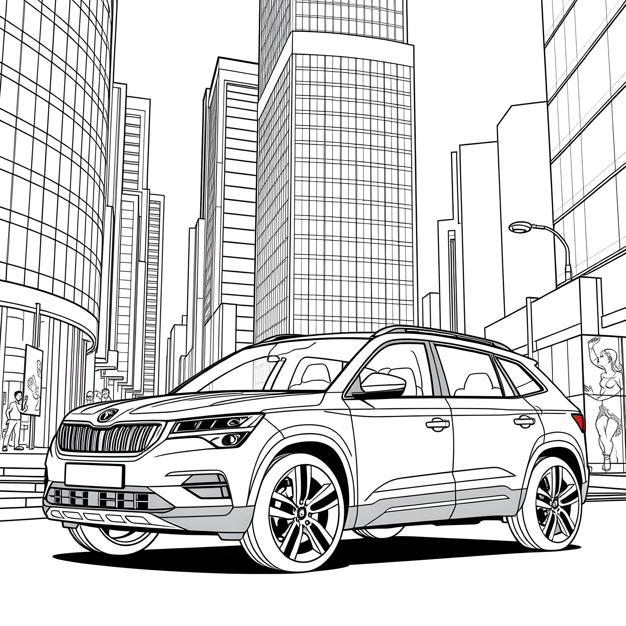 Skoda Enyaq driving through a modern city Coloring Page (free black-and-white line drawing printable PDF for all, from beginners to advanced learners, including children, teens, adults, and seniors)