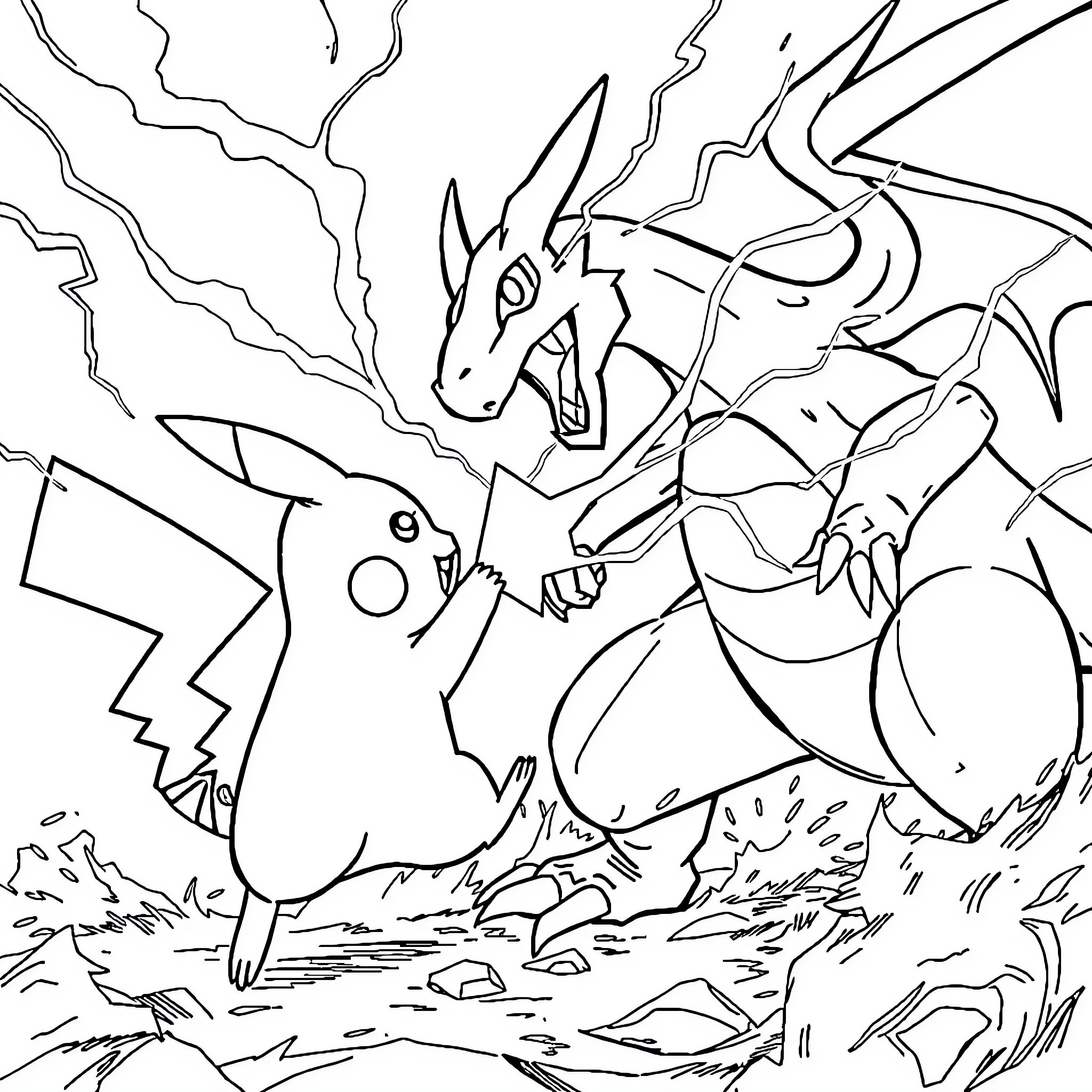Pikachu facing off against a fierce dragon-like creature Coloring Page (free black-and-white line drawing printable PDF for all, from beginners to advanced learners, including children, teens, adults, and seniors)