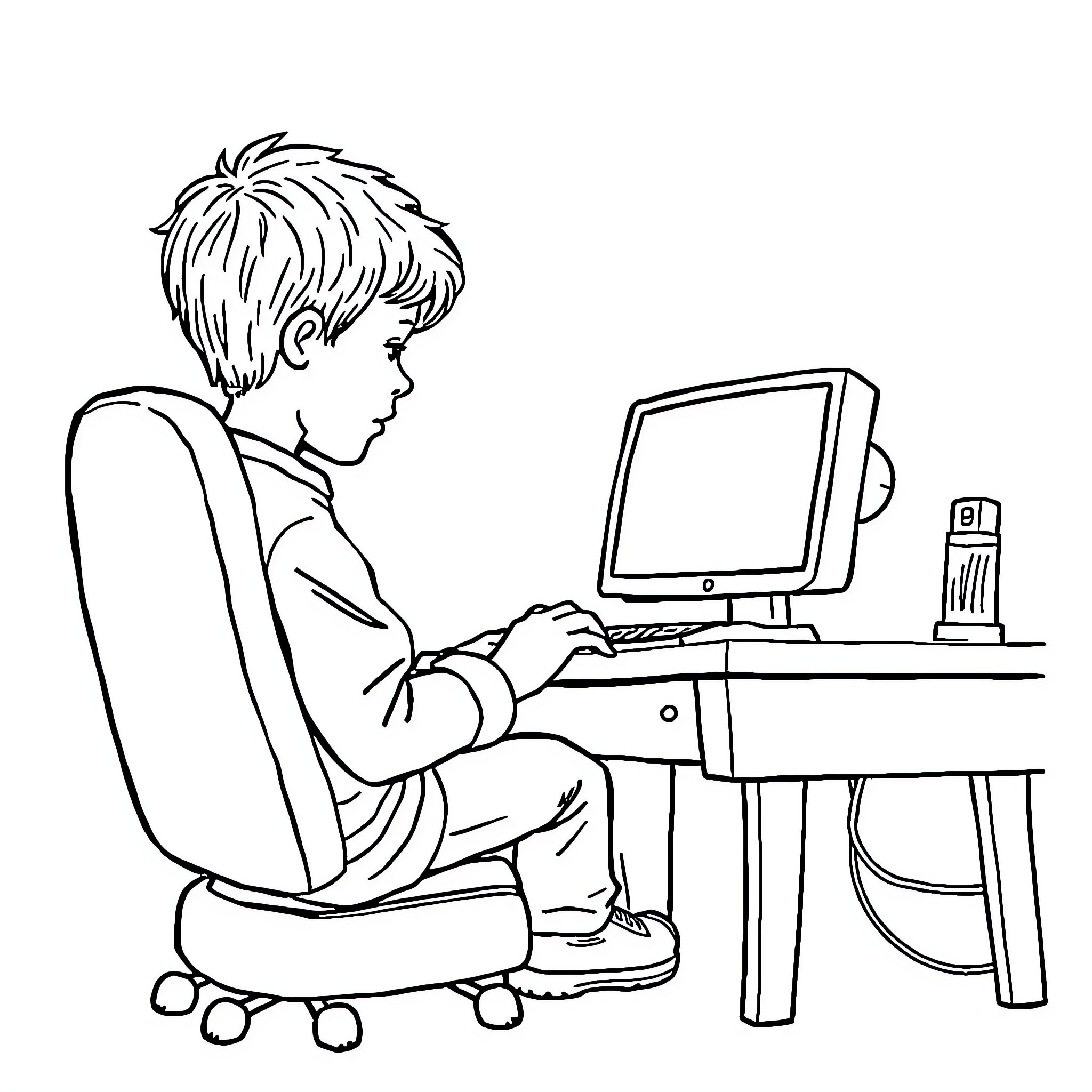 Child focused on computer screen Coloring Page (free black-and-white line drawing printable PDF for all, from beginners to advanced learners, including children, teens, adults, and seniors)