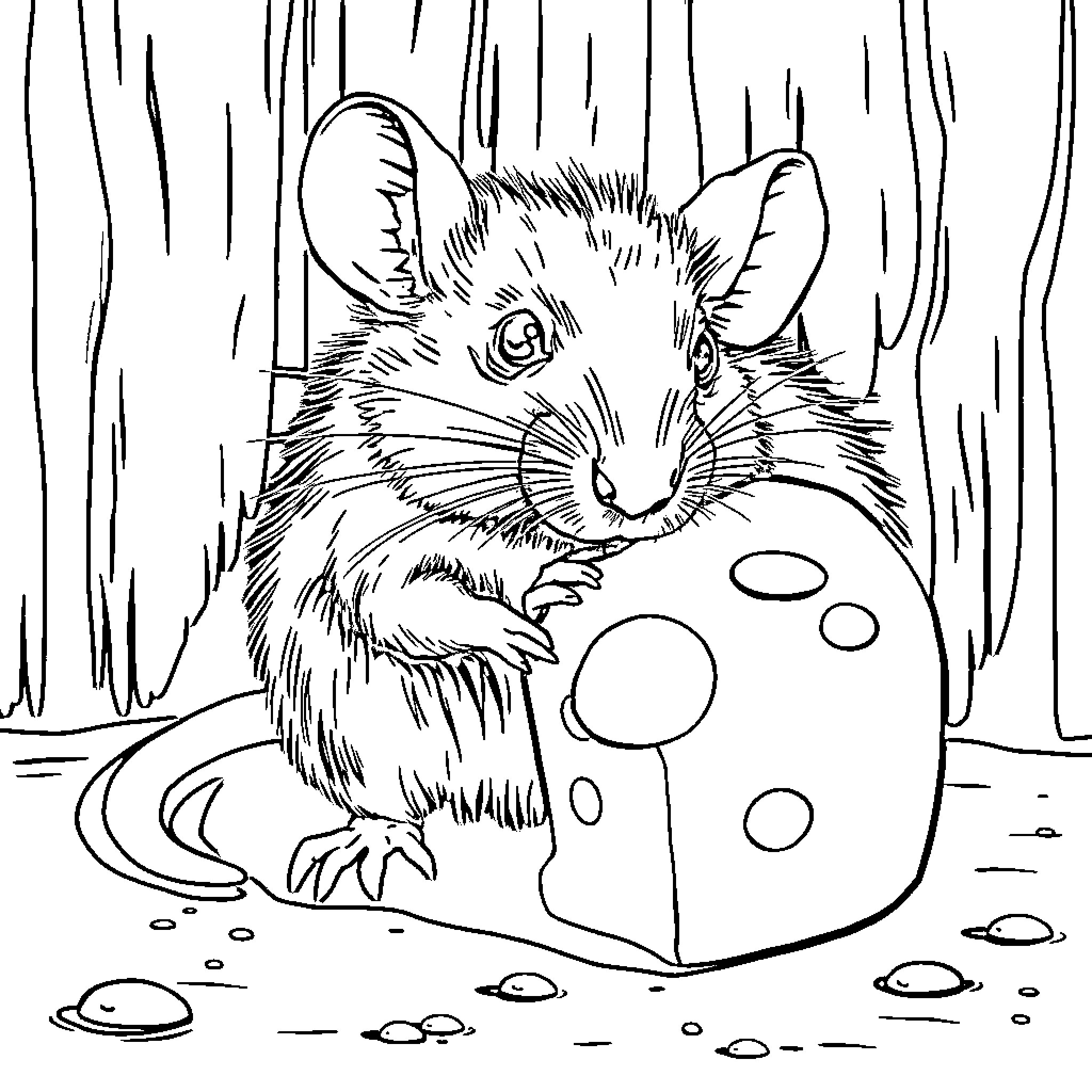 Rat exploring a colorful environment Coloring Page (free black-and-white line drawing printable PDF for all, from beginners to advanced learners, including children, teens, adults, and seniors)
