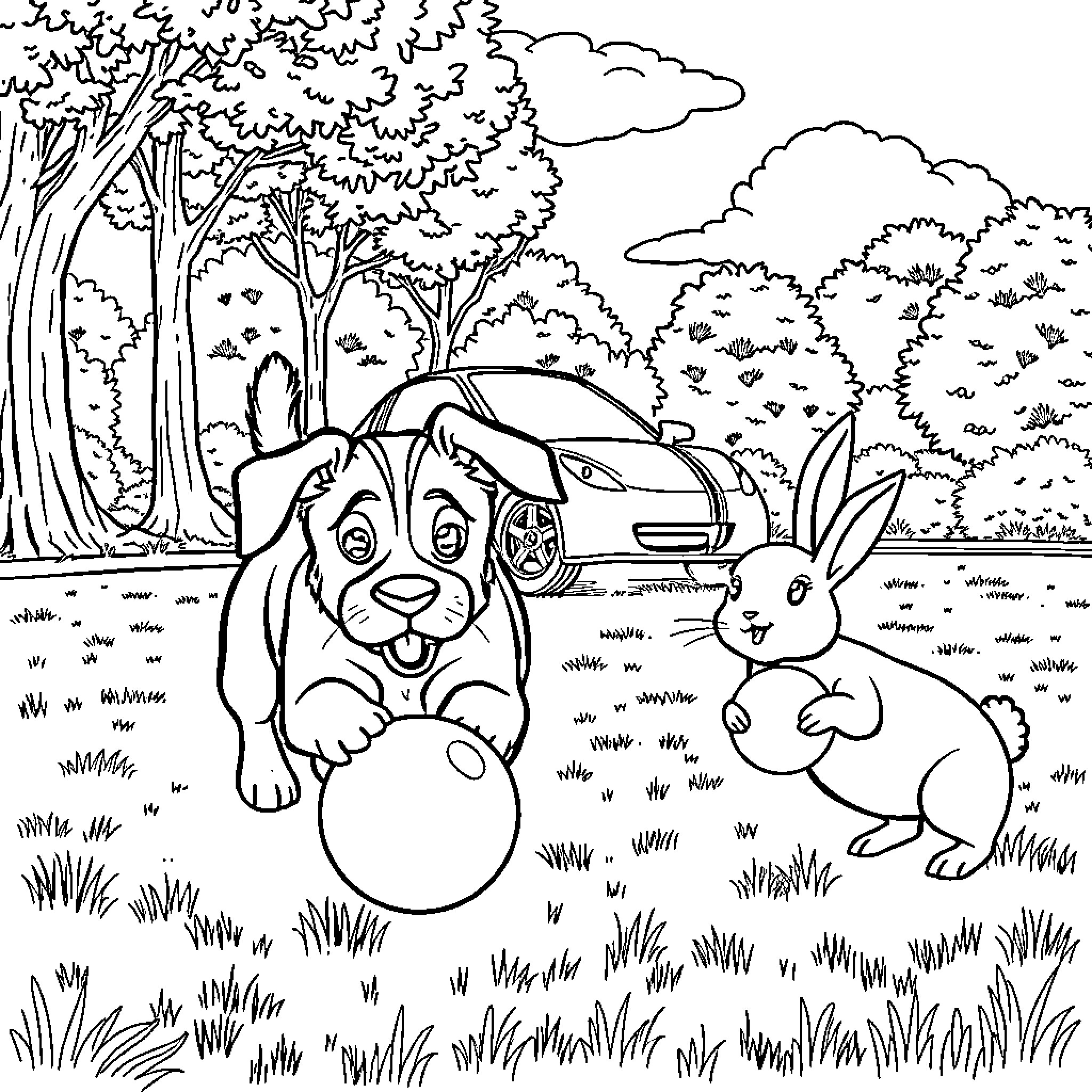 Dog and Rabbit Playing in the Park Coloring Page (free black-and-white line drawing printable PDF for all, from beginners to advanced learners, including children, teens, adults, and seniors)