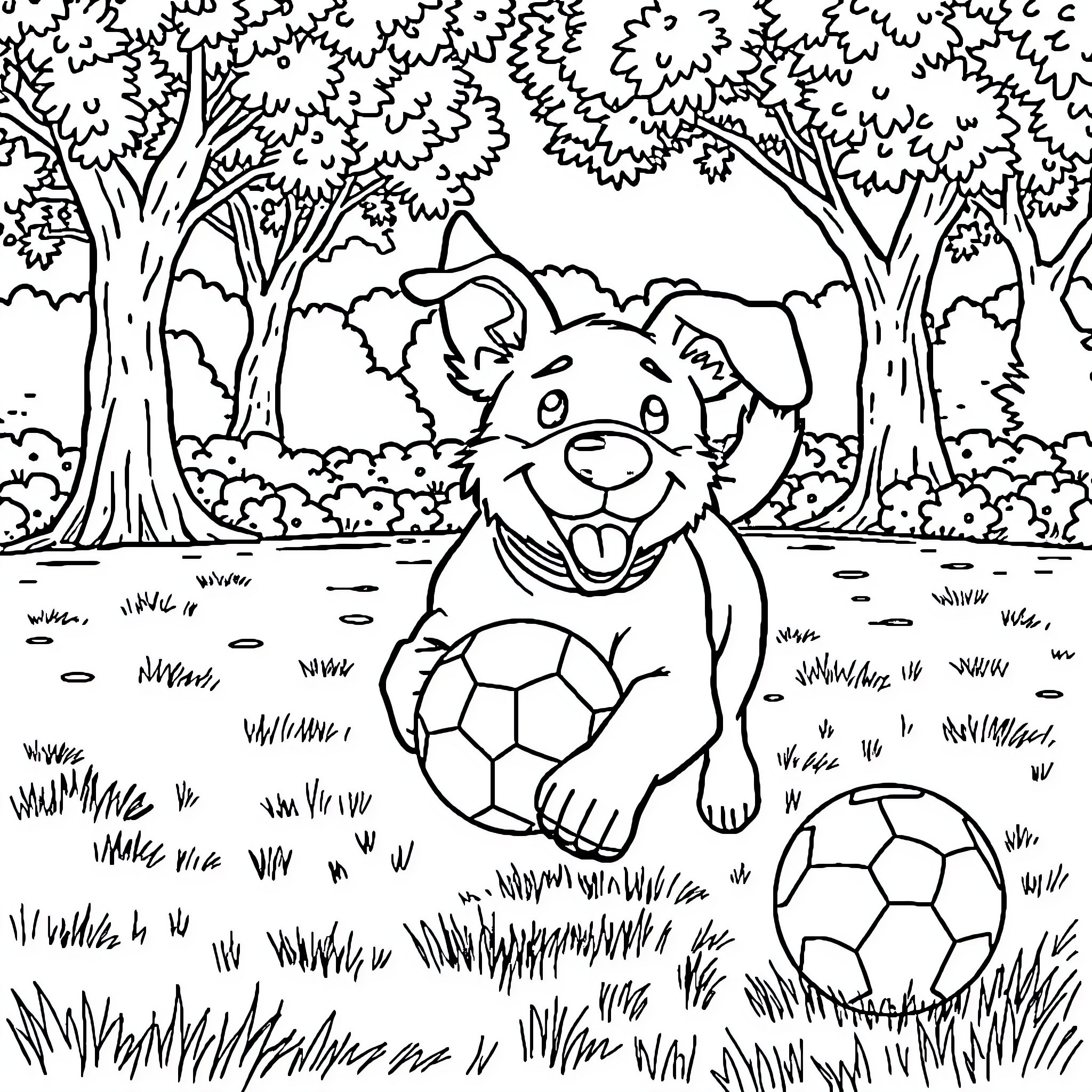 Dog playing with soccer balls in the forest Coloring Page (free black-and-white line drawing printable PDF for all, from beginners to advanced learners, including children, teens, adults, and seniors)