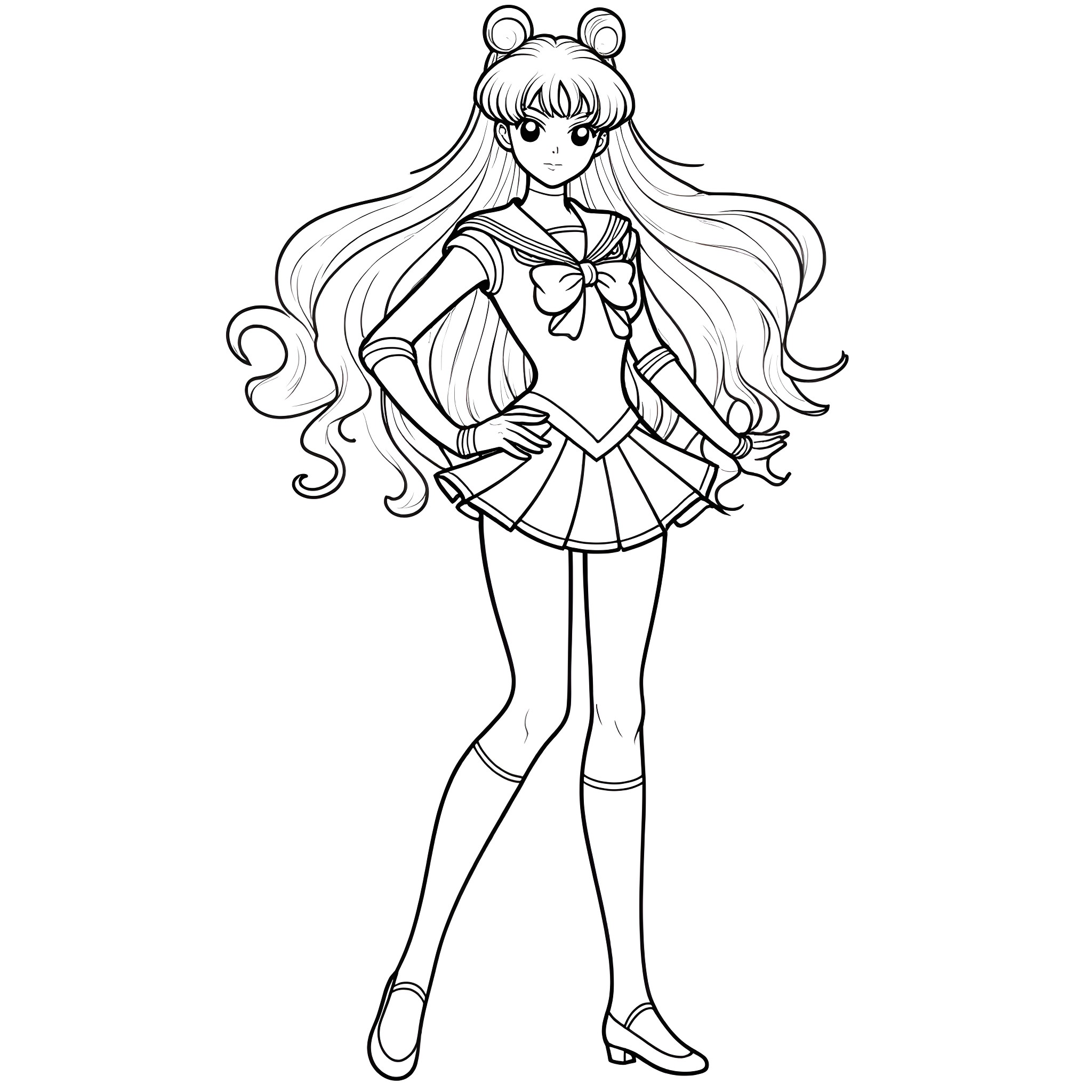 Sailor Saturn in Sailor Moon Anime-Style Pose Coloring Page (free black-and-white line drawing printable PDF for all, from beginners to advanced learners, including children, teens, adults, and seniors)