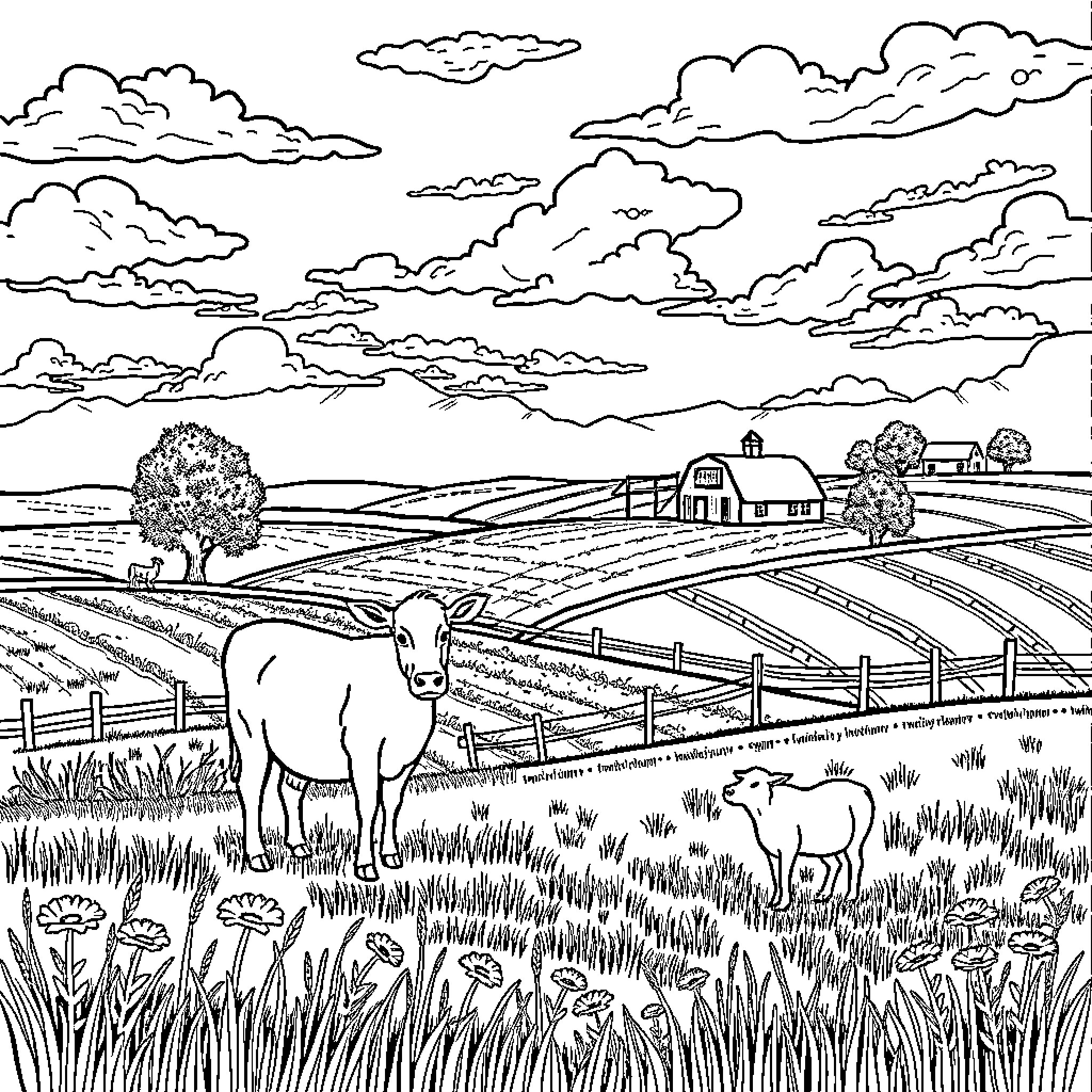 Farm scene with grazing cattle and rural landscape Coloring Page (free black-and-white line drawing printable PDF for all, from beginners to advanced learners, including children, teens, adults, and seniors)