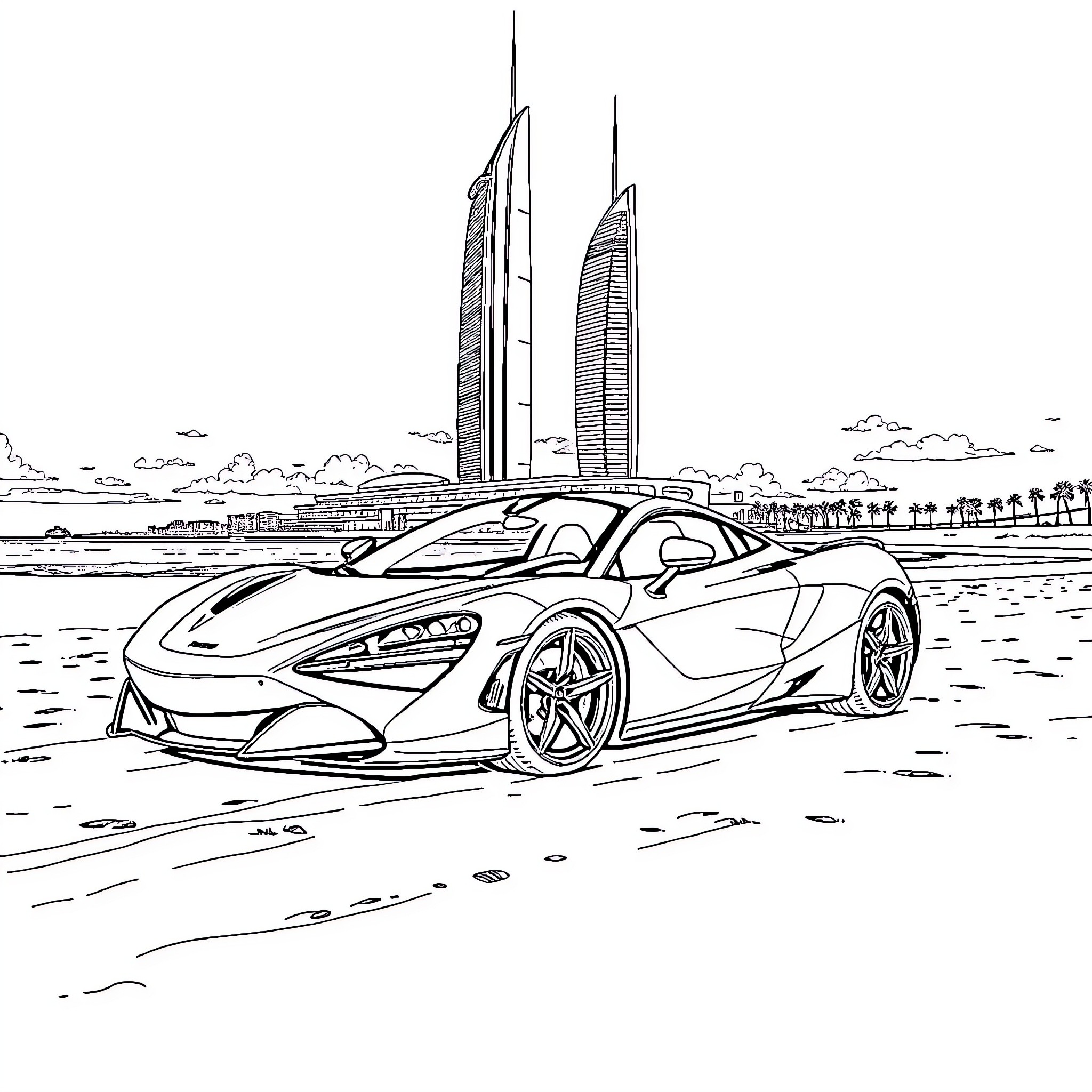 McLaren Supercar in Front of Futuristic Skyline Coloring Page (free black-and-white line drawing printable PDF for all, from beginners to advanced learners, including children, teens, adults, and seniors)