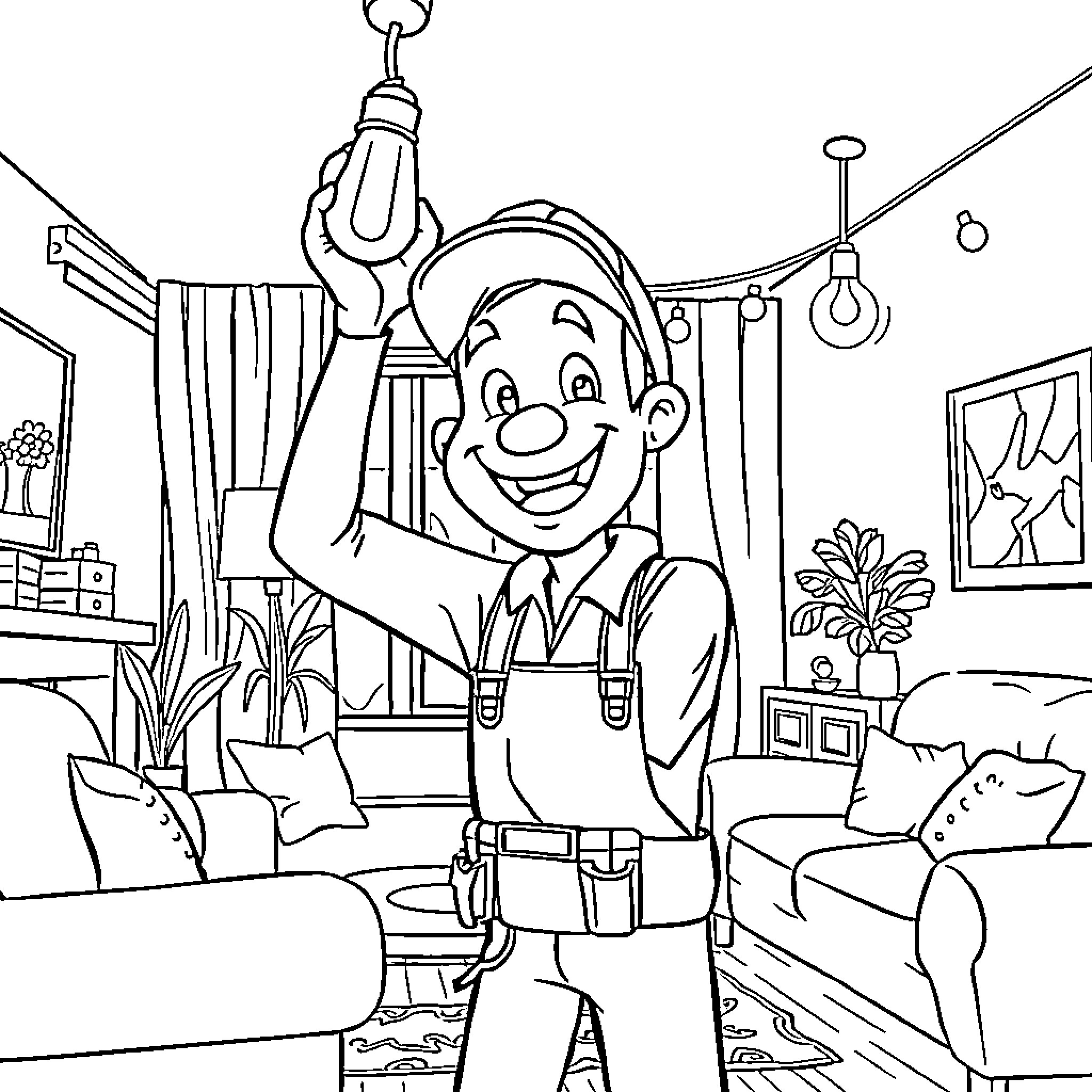 Electrician performing maintenance in a cozy home Coloring Page (free black-and-white line drawing printable PDF for all, from beginners to advanced learners, including children, teens, adults, and seniors)