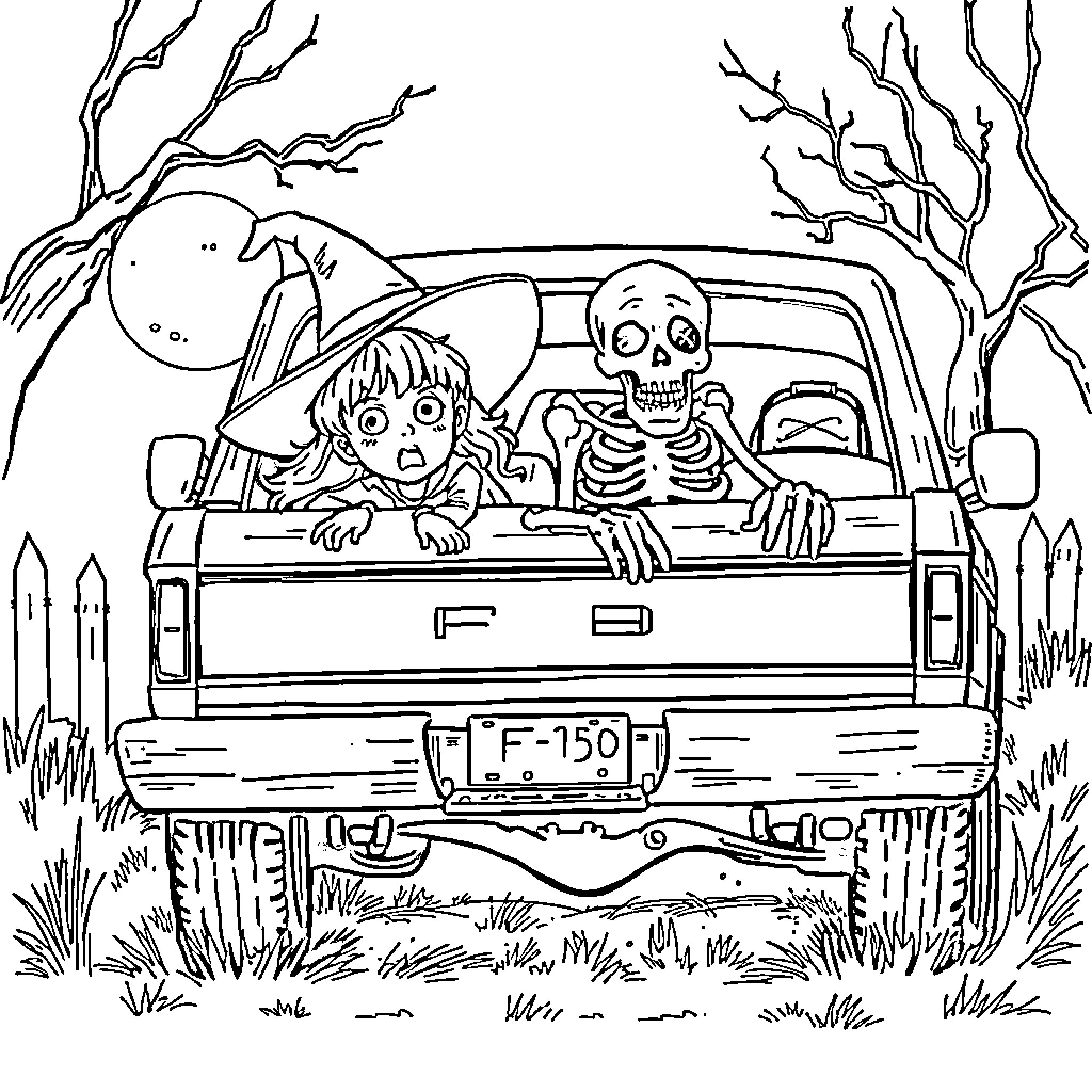 Kid Terrified of Skeleton in Spooky Truck Coloring Page (free black-and-white line drawing printable PDF for all, from beginners to advanced learners, including children, teens, adults, and seniors)