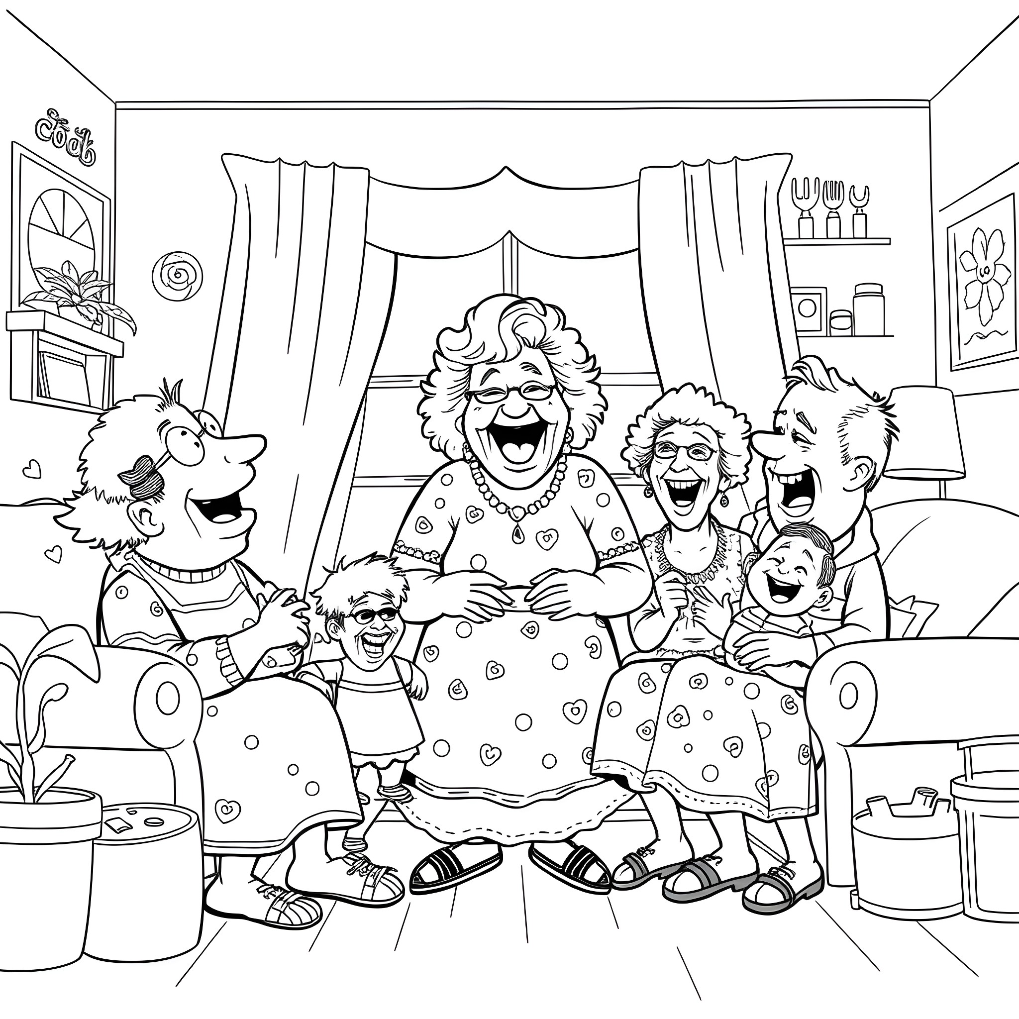 Mrs Brown Boys' Family Fun at Home Coloring Page (free black-and-white line drawing printable PDF for all, from beginners to advanced learners, including children, teens, adults, and seniors)