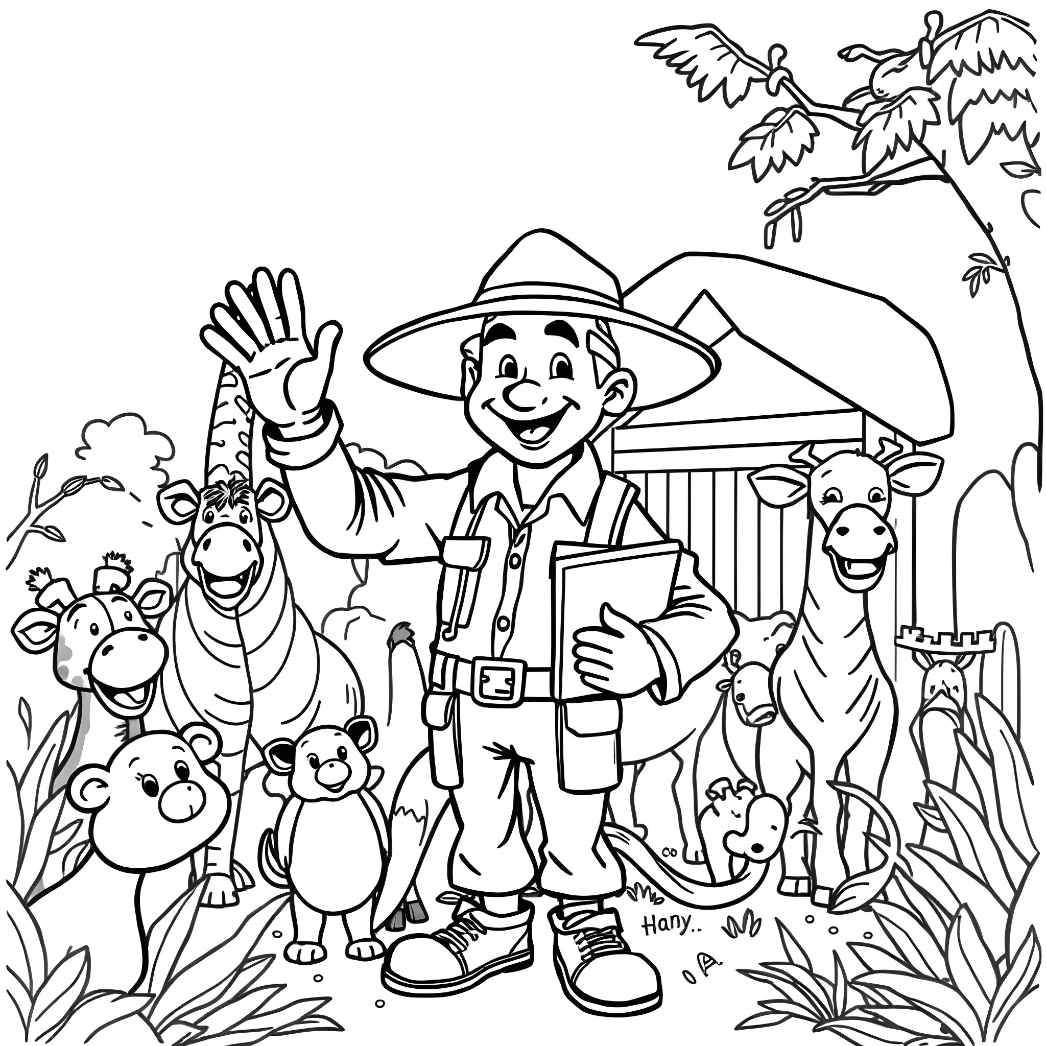 Zookeeper with animals in the wild Coloring Page (free black-and-white line drawing printable PDF for all, from beginners to advanced learners, including children, teens, adults, and seniors)