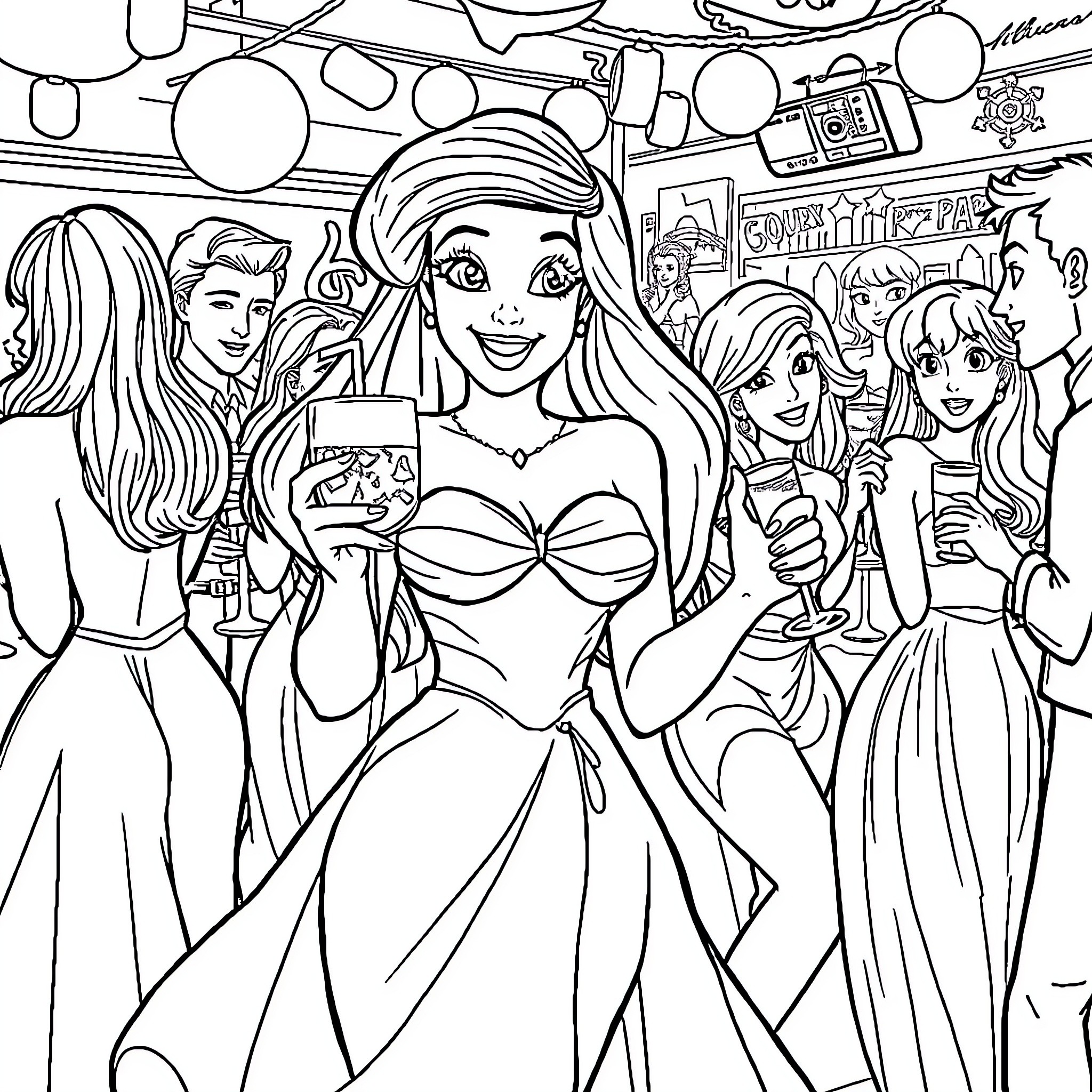 Ariel and Her Mermaid Friends Explore the Human World Coloring Page (free black-and-white line drawing printable PDF for all, from beginners to advanced learners, including children, teens, adults, and seniors)