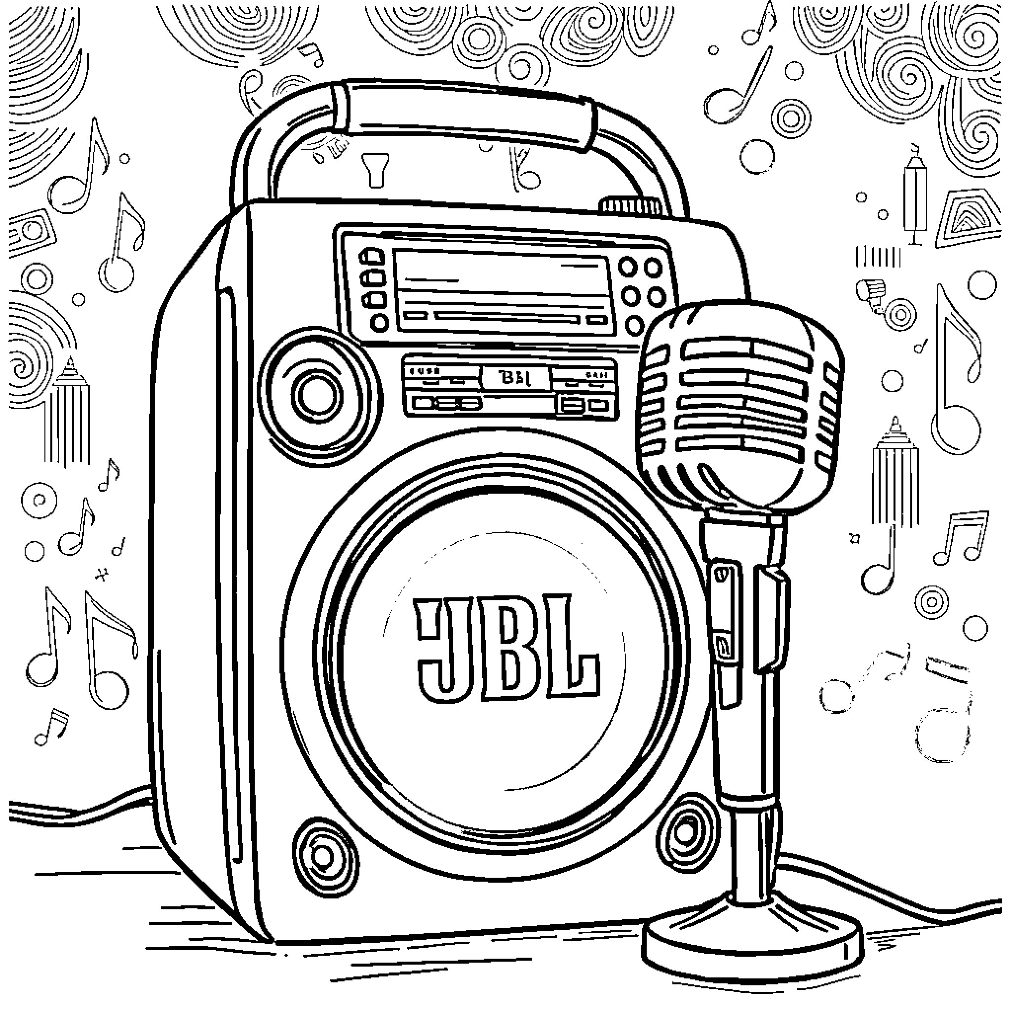 Speaker with retro microphone and musical notes Coloring Page (free black-and-white line drawing printable PDF for all, from beginners to advanced learners, including children, teens, adults, and seniors)