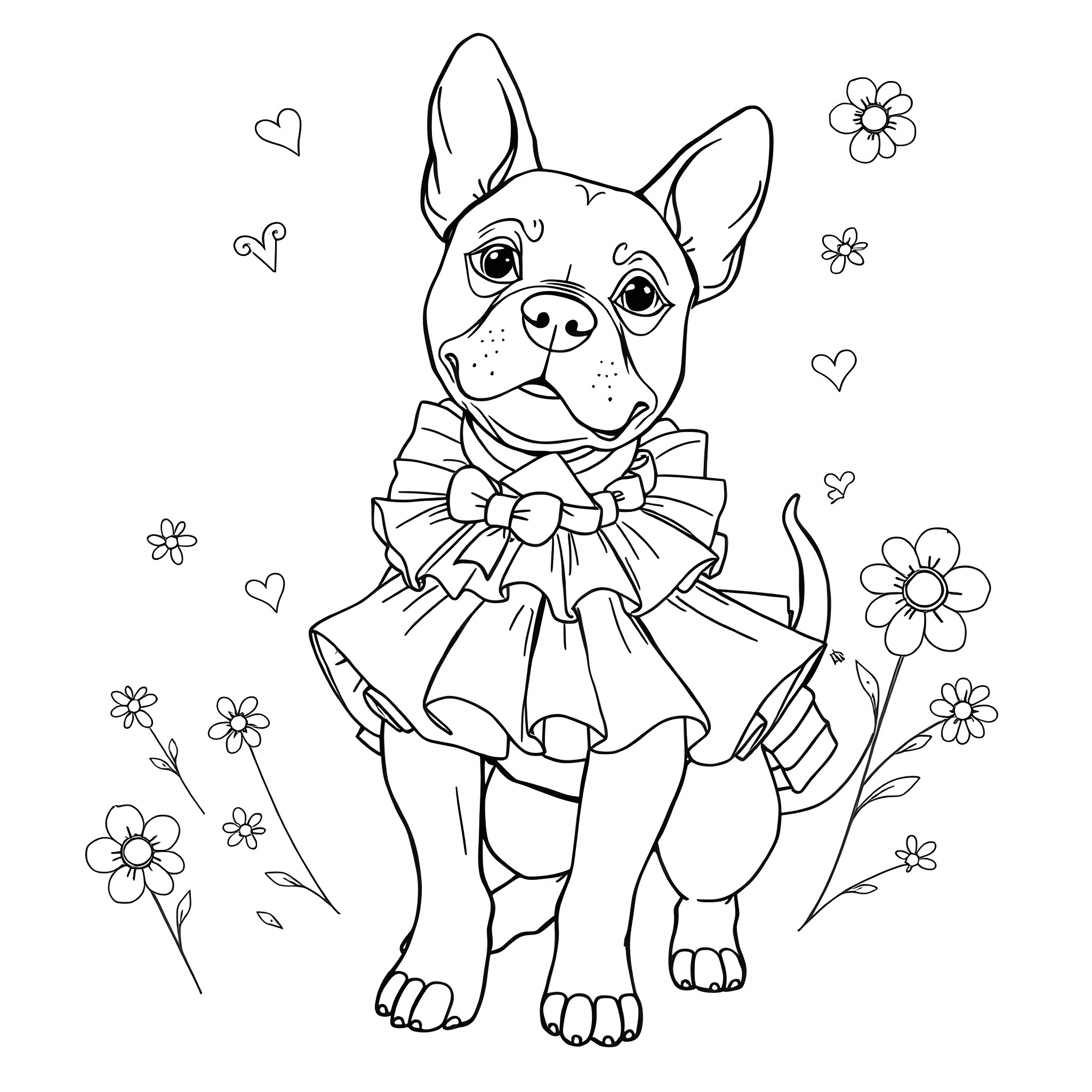 Pitbull wearing a fancy dress with flowers Coloring Page (free black-and-white line drawing printable PDF for all, from beginners to advanced learners, including children, teens, adults, and seniors)
