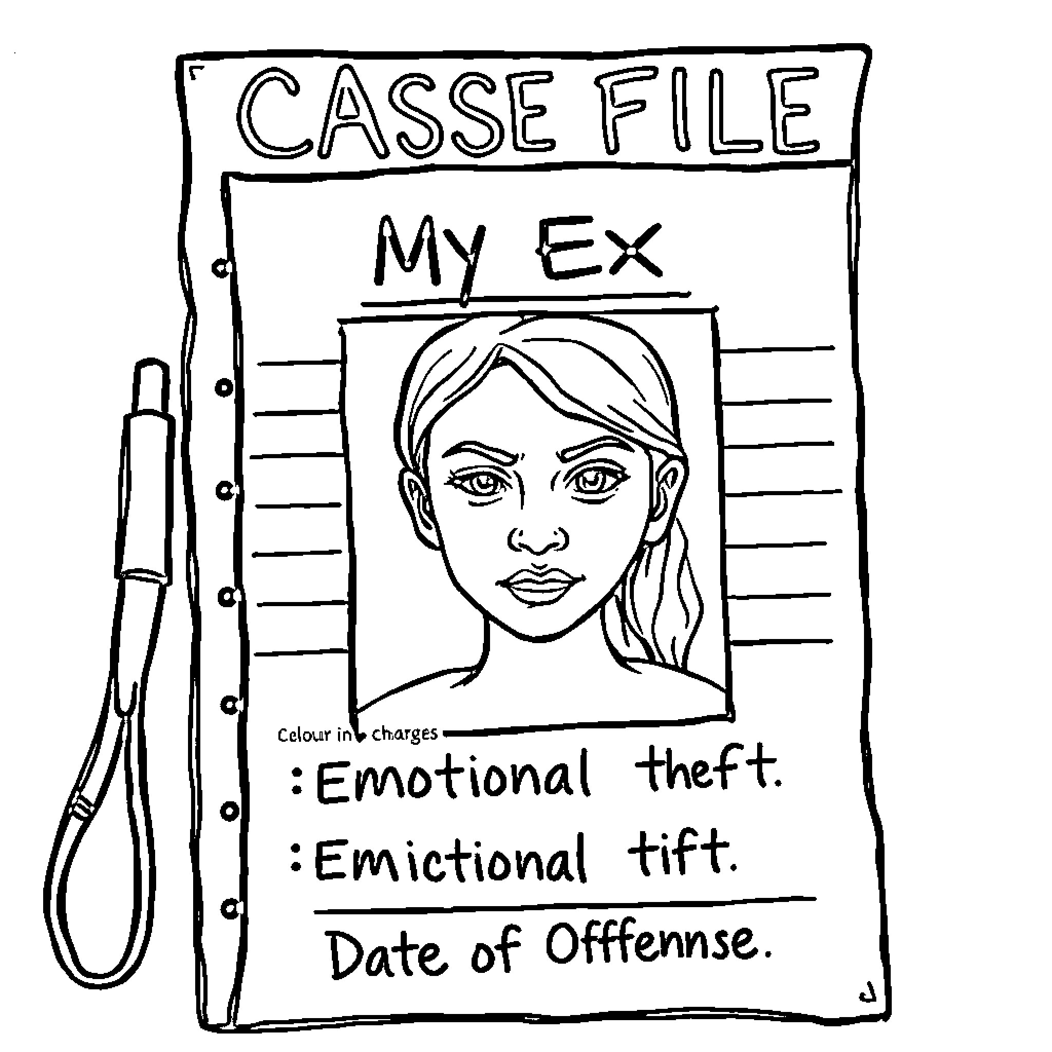 Relationship drama exposed in case file Coloring Page (free black-and-white line drawing printable PDF for all, from beginners to advanced learners, including children, teens, adults, and seniors)