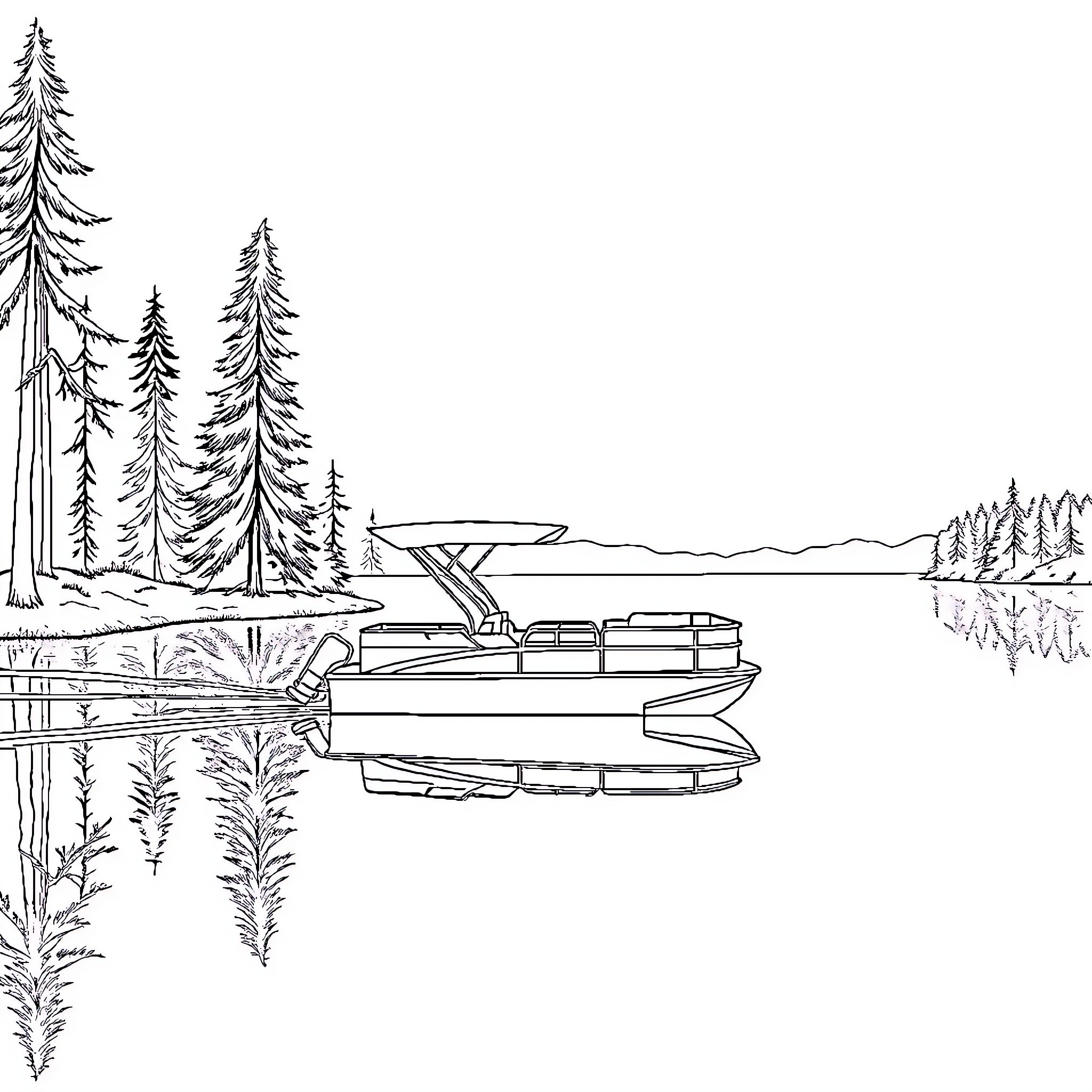 Pontoon Boat on Serene Lake Coloring Page (free black-and-white line drawing printable PDF for all, from beginners to advanced learners, including children, teens, adults, and seniors)