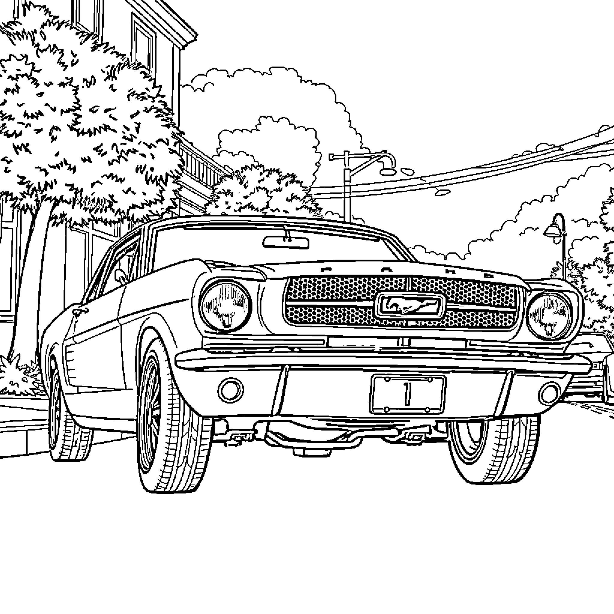 Ford Mustang parked on the street Coloring Page (free black-and-white line drawing printable PDF for all, from beginners to advanced learners, including children, teens, adults, and seniors)
