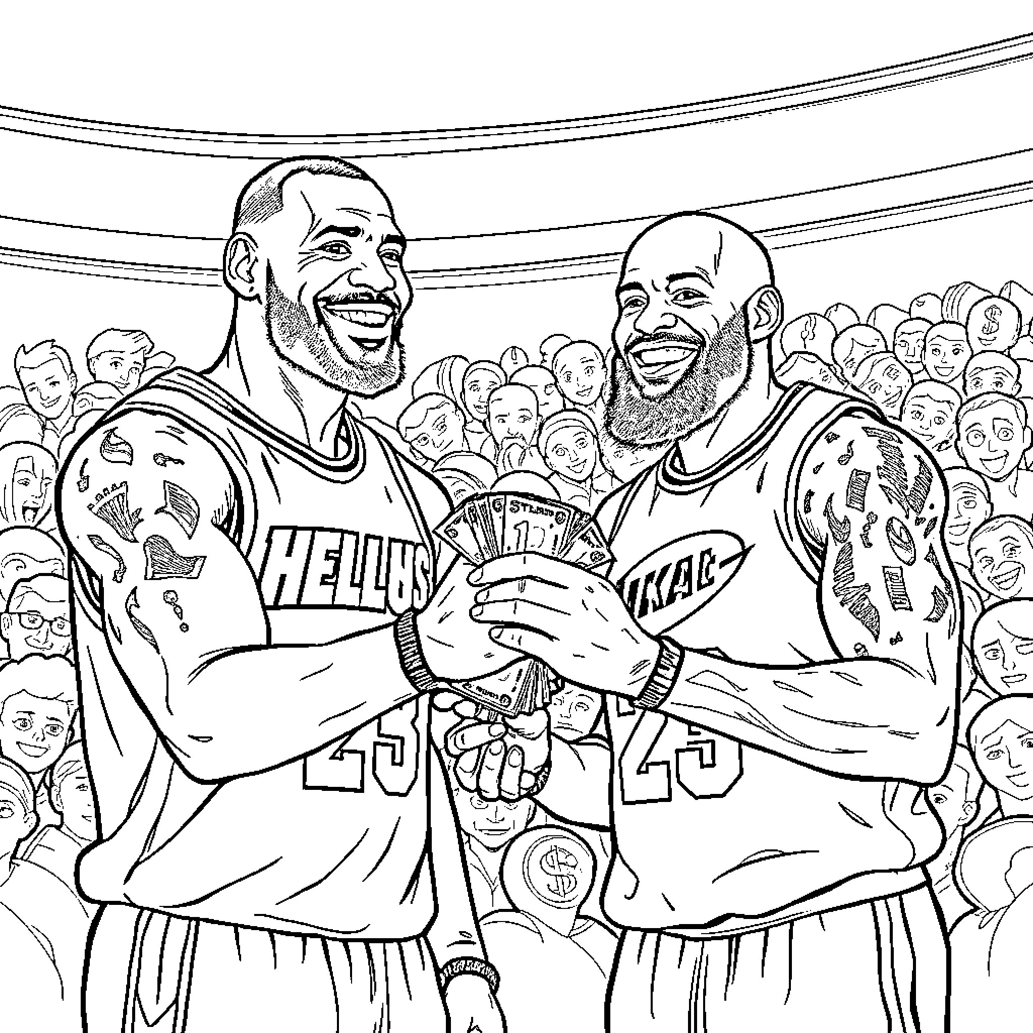 LeBron and Kyrie celebrating championship victory Coloring Page (free black-and-white line drawing printable PDF for all, from beginners to advanced learners, including children, teens, adults, and seniors)