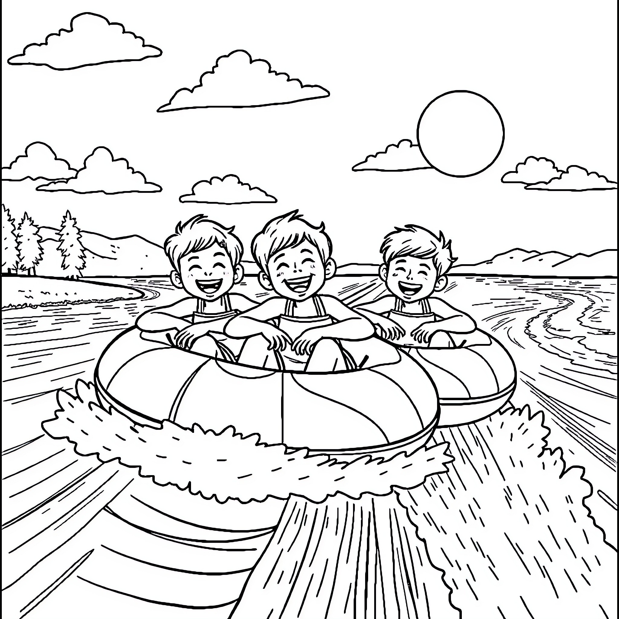 Kids joyfully riding in a boat on a river Coloring Page (free black-and-white line drawing printable PDF for all, from beginners to advanced learners, including children, teens, adults, and seniors)
