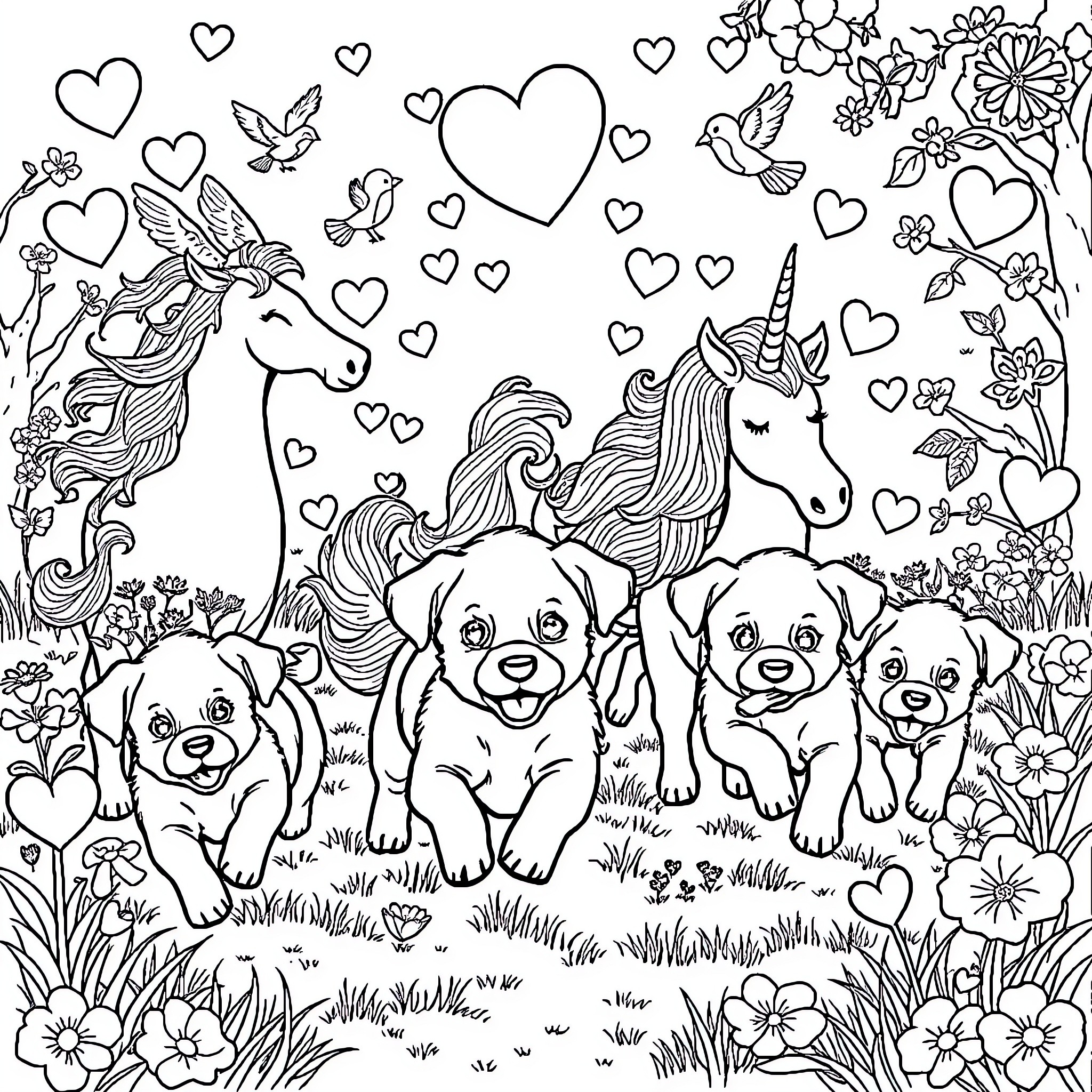 Puppy and Unicorn Playful Fantasy Scene Coloring Page (free black-and-white line drawing printable PDF for all, from beginners to advanced learners, including children, teens, adults, and seniors)