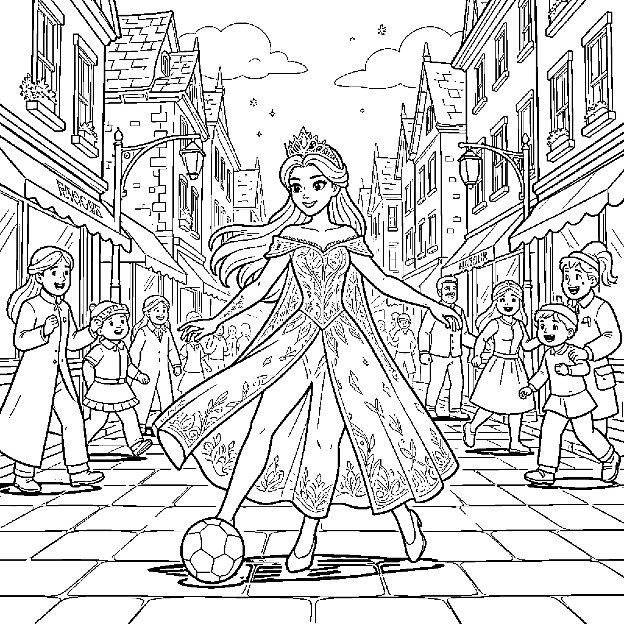 Snow Queen playing soccer in a busy village street Coloring Page (free black-and-white line drawing printable PDF for all, from beginners to advanced learners, including children, teens, adults, and seniors)