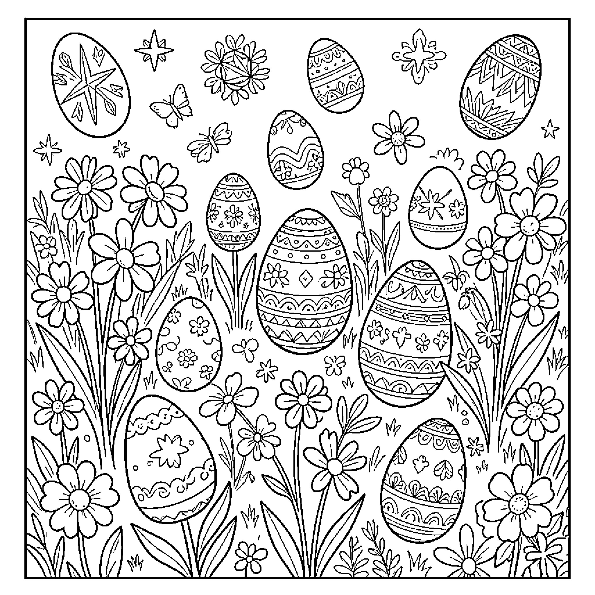 Ostara - Decorative Easter Eggs and Spring Flowers Coloring Page (free black-and-white line drawing printable PDF for all, from beginners to advanced learners, including children, teens, adults, and seniors)