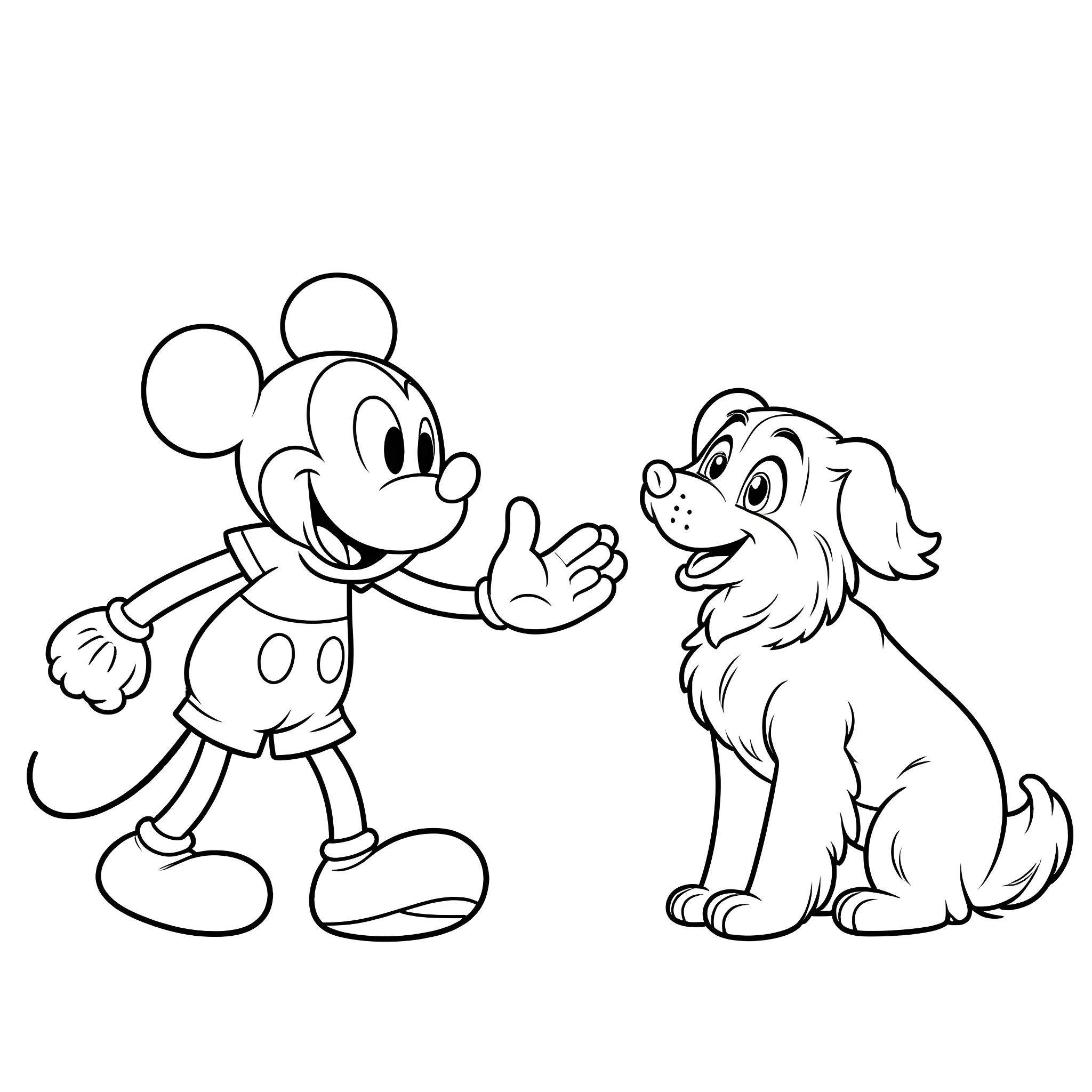 Mickey Mouse playing with a happy dog Coloring Page (free black-and-white line drawing printable PDF for all, from beginners to advanced learners, including children, teens, adults, and seniors)