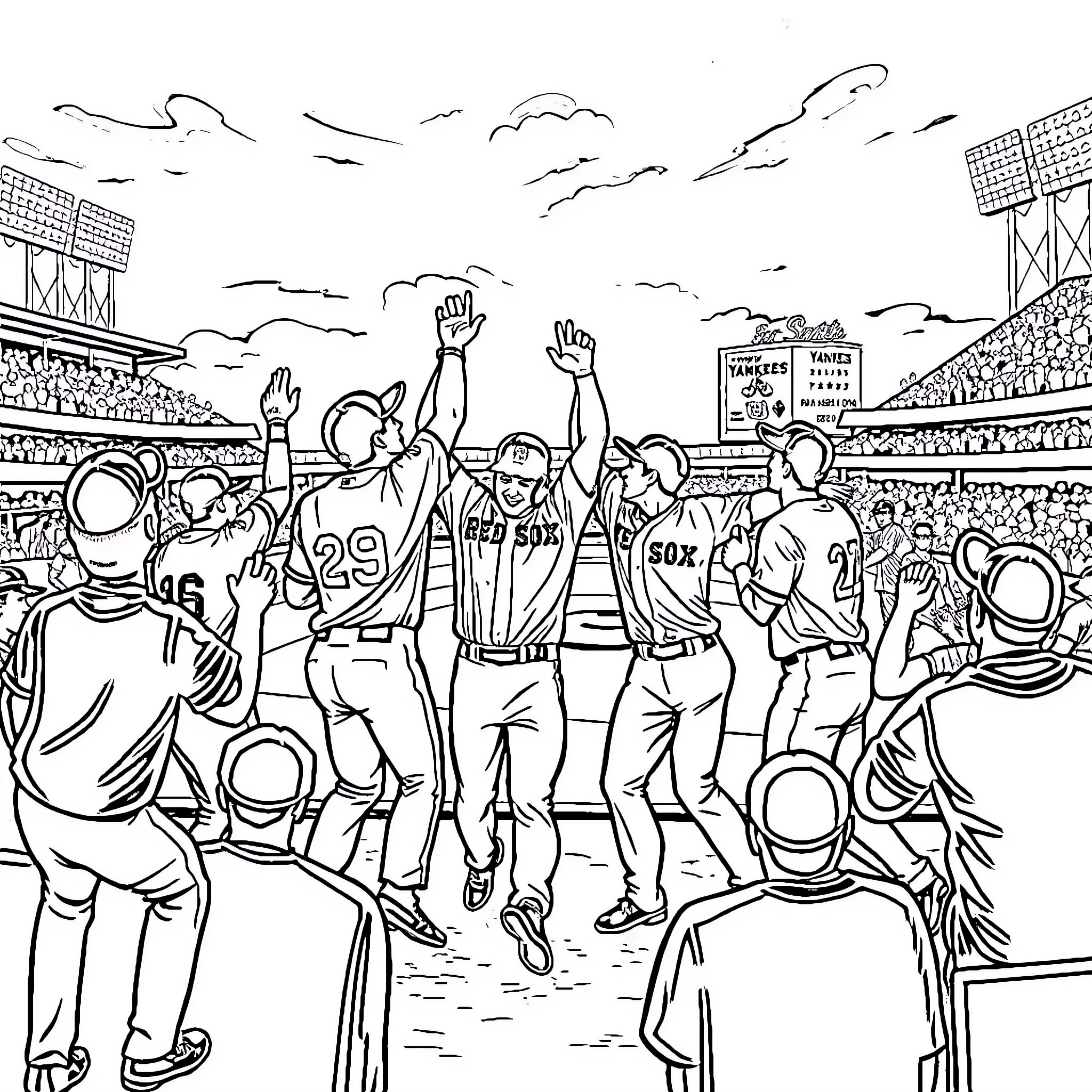 Red Sox fans cheering excitedly at the baseball game Coloring Page (free black-and-white line drawing printable PDF for all, from beginners to advanced learners, including children, teens, adults, and seniors)