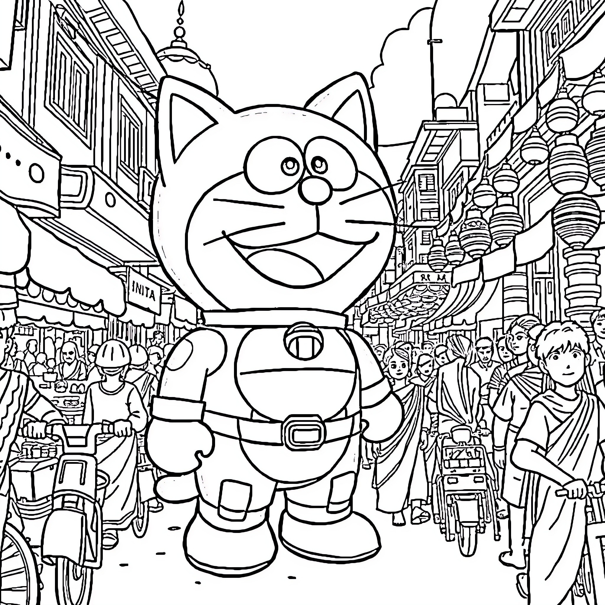 Doraemon exploring the bustling market street Coloring Page (free black-and-white line drawing printable PDF for all, from beginners to advanced learners, including children, teens, adults, and seniors)