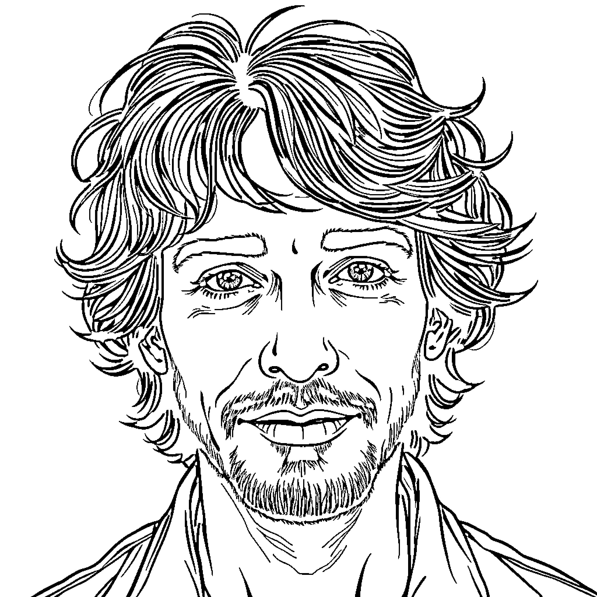 Self Portrait of a Pensive Man with Expressive Features Coloring Page (free black-and-white line drawing printable PDF for all, from beginners to advanced learners, including children, teens, adults, and seniors)