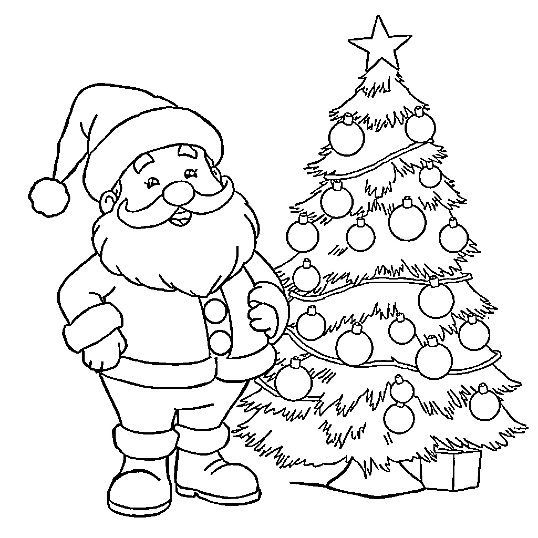 Santa Claus decorating a Christmas tree Coloring Page (free black-and-white line drawing printable PDF for all, from beginners to advanced learners, including children, teens, adults, and seniors)