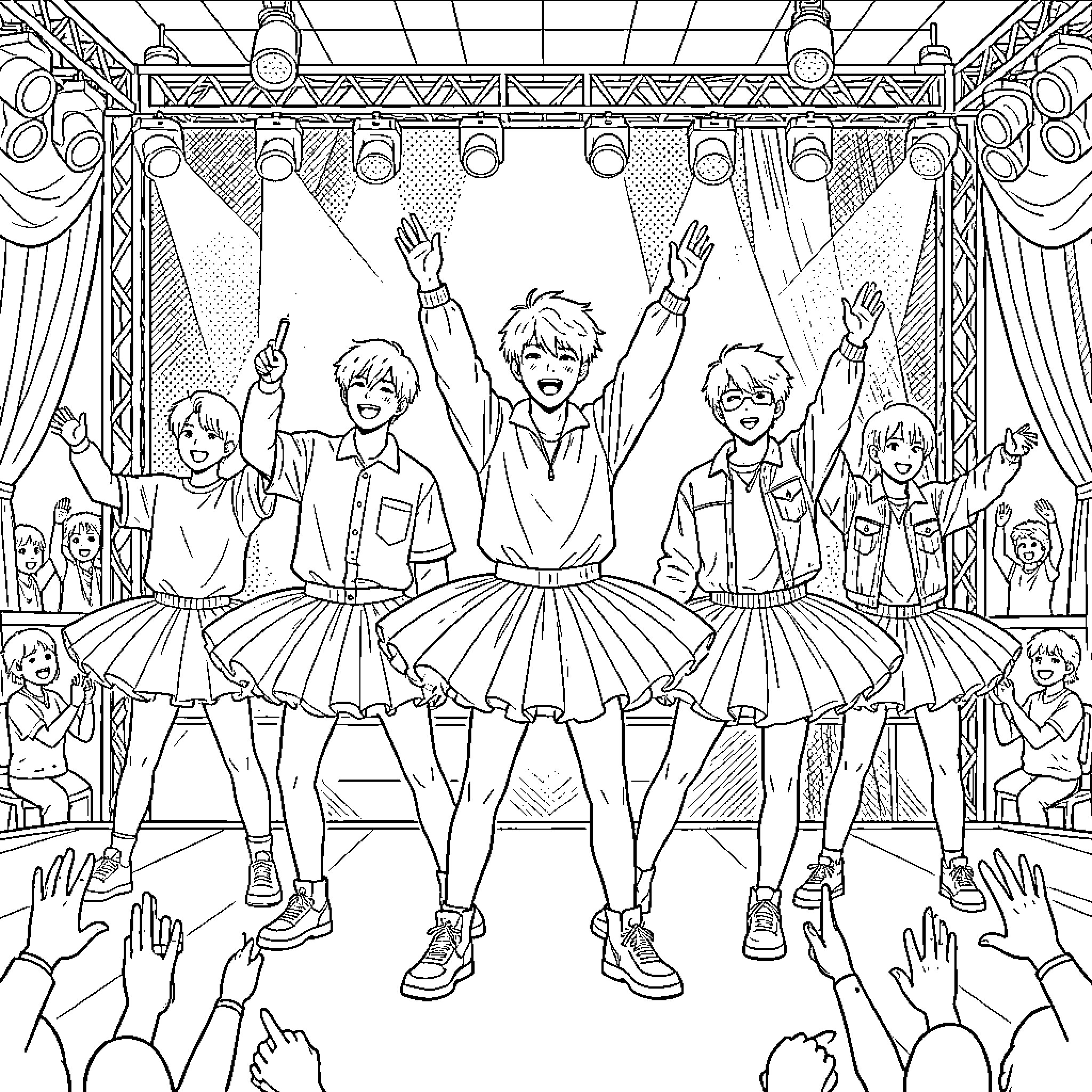 Stray Kids Dancing on Stage with Fans Coloring Page (free black-and-white line drawing printable PDF for all, from beginners to advanced learners, including children, teens, adults, and seniors)