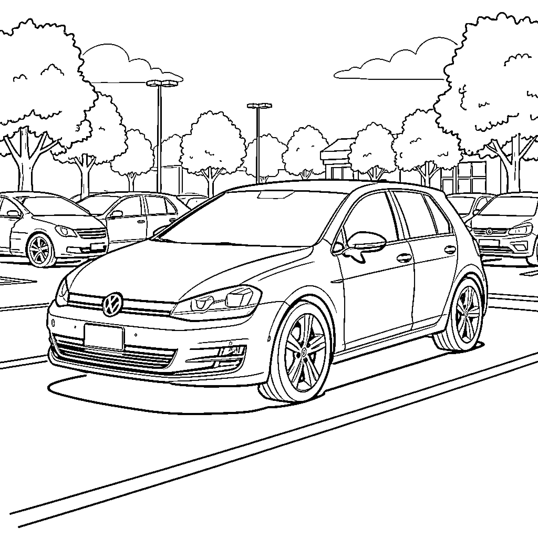 Golf VII parked in a scenic urban landscape Coloring Page (free black-and-white line drawing printable PDF for all, from beginners to advanced learners, including children, teens, adults, and seniors)
